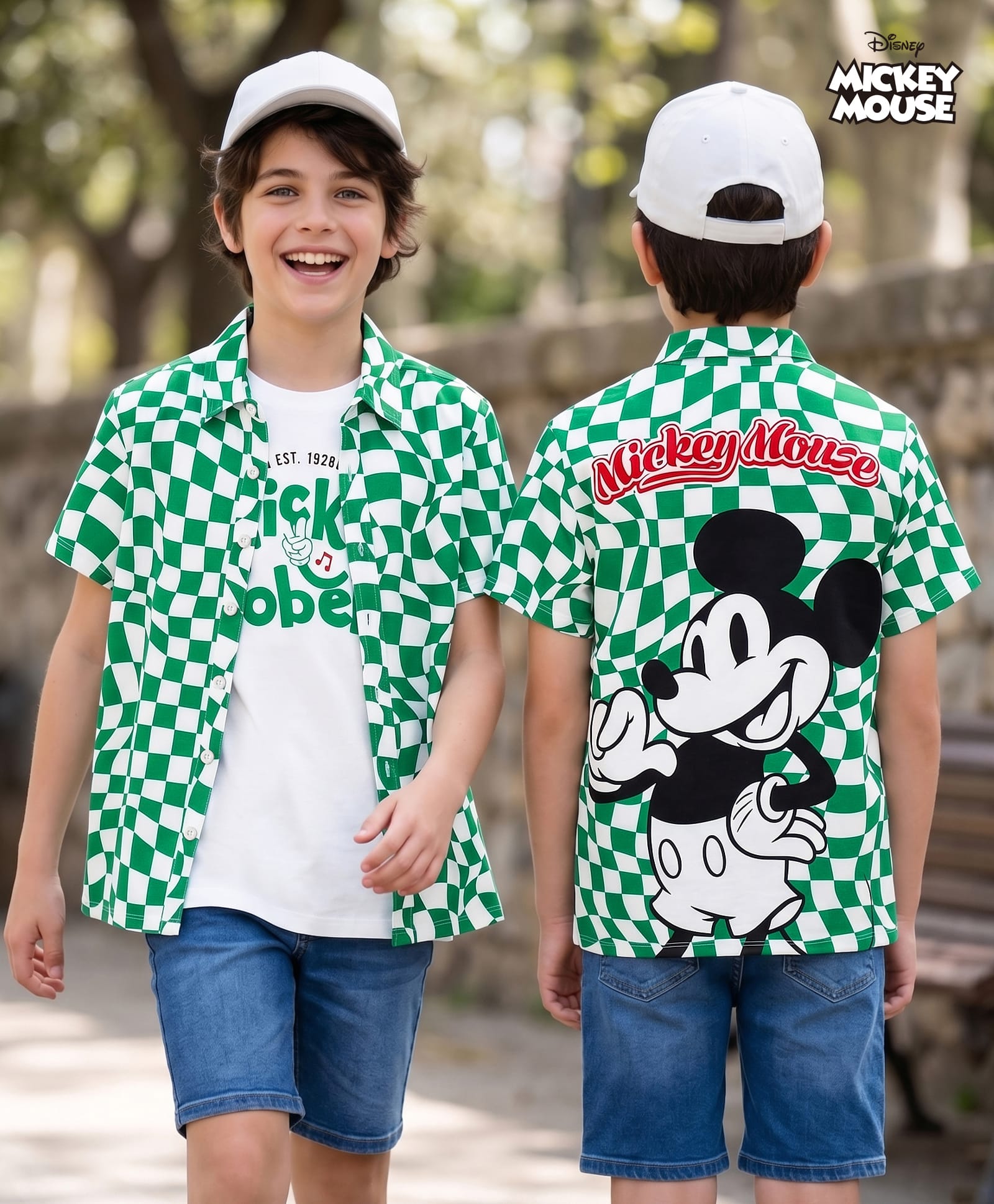 Pine Kids Disney Single Jersey Knit Half Sleeves Front & Back Mickey Mouse Graphics Shirt With T-Shirt - Green-image-1