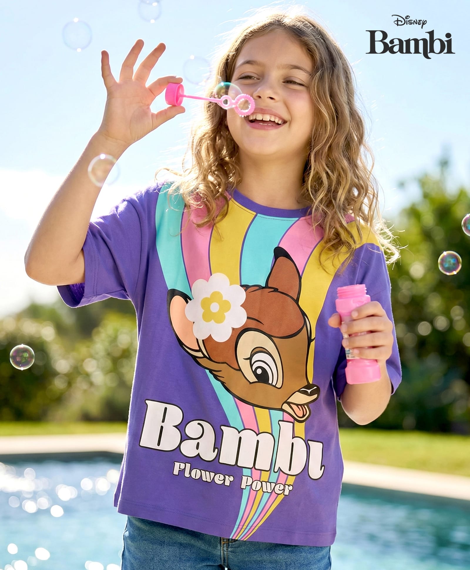 Pine Kids Disney Single Jersey Knit Half Drop Shoulder Sleeves Oversized T-Shirt with Bambi Graphics - Purple-picture-14