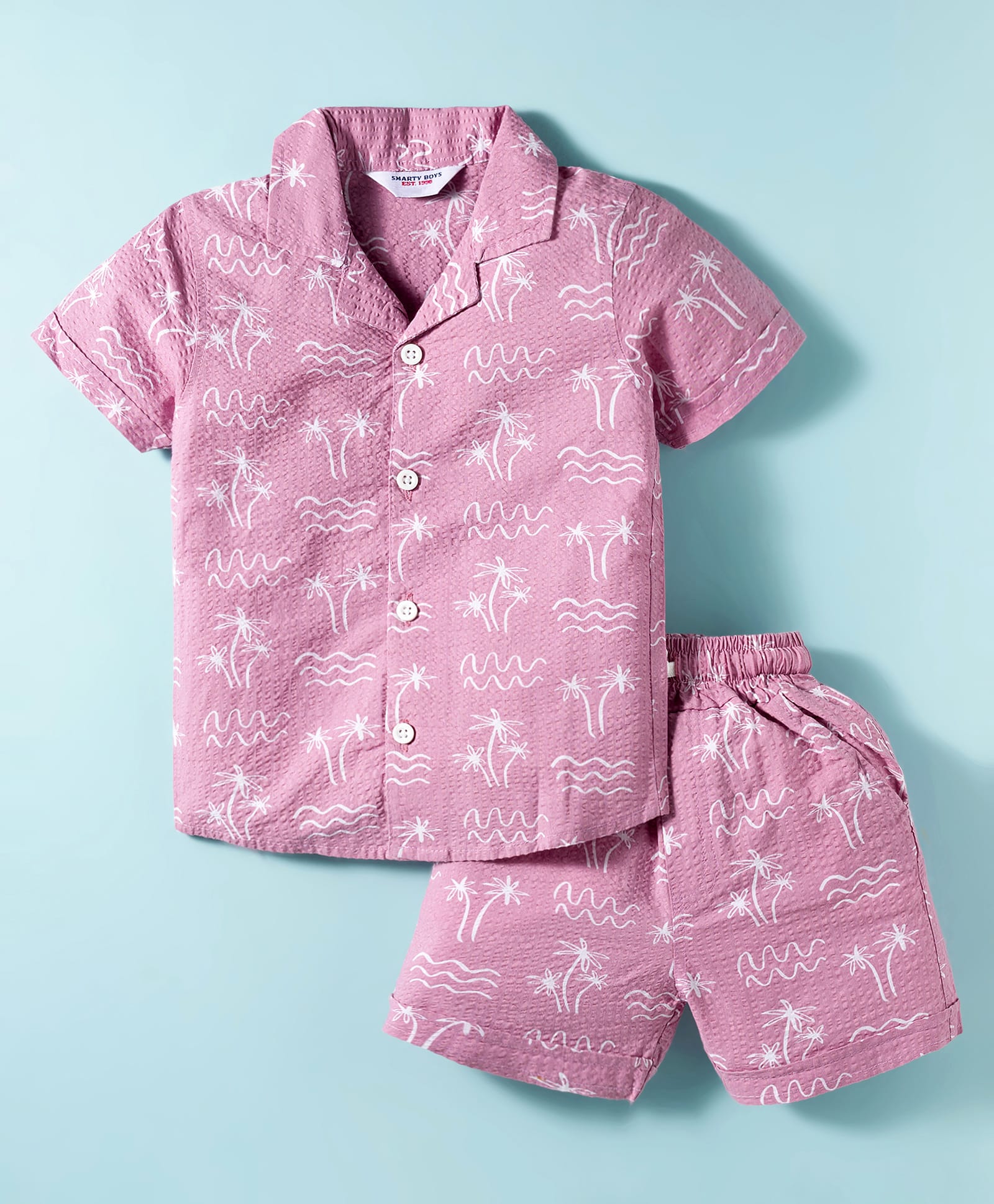 Smarty Boys Textile Knit Half Sleeves Shorts Night Suit With Tropical Theme Print - Pink-image-35