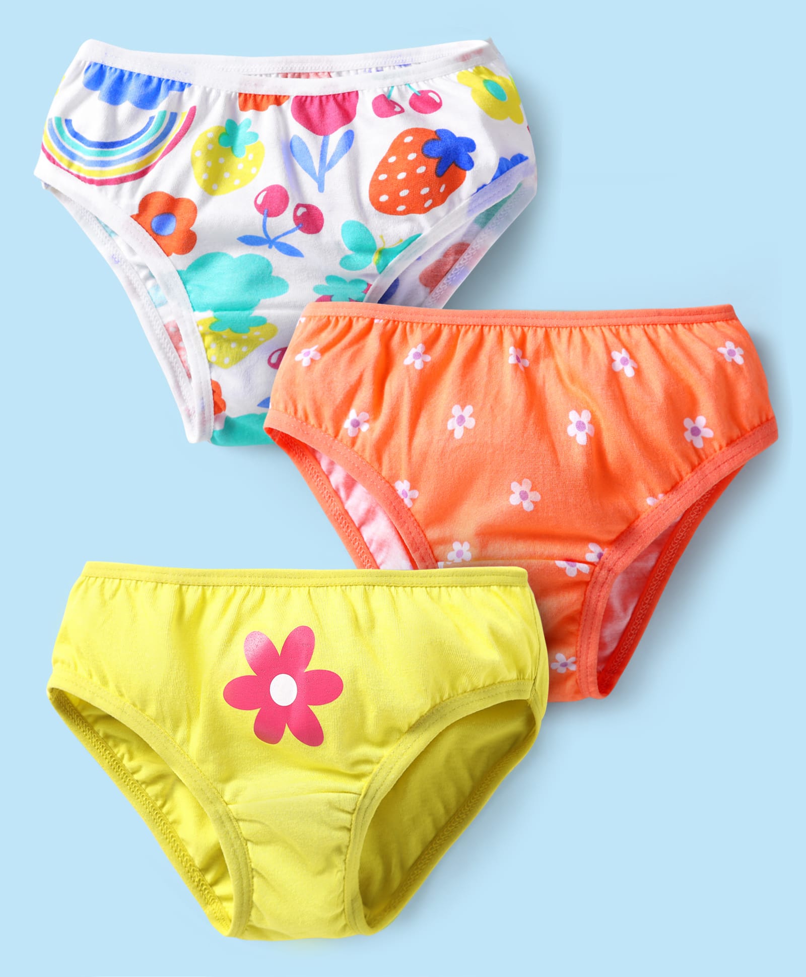 Babyhug 100% Cotton Single Jersey Knit Panties With Floral Print Pack Of 3 - Lime Orange & White-image-37