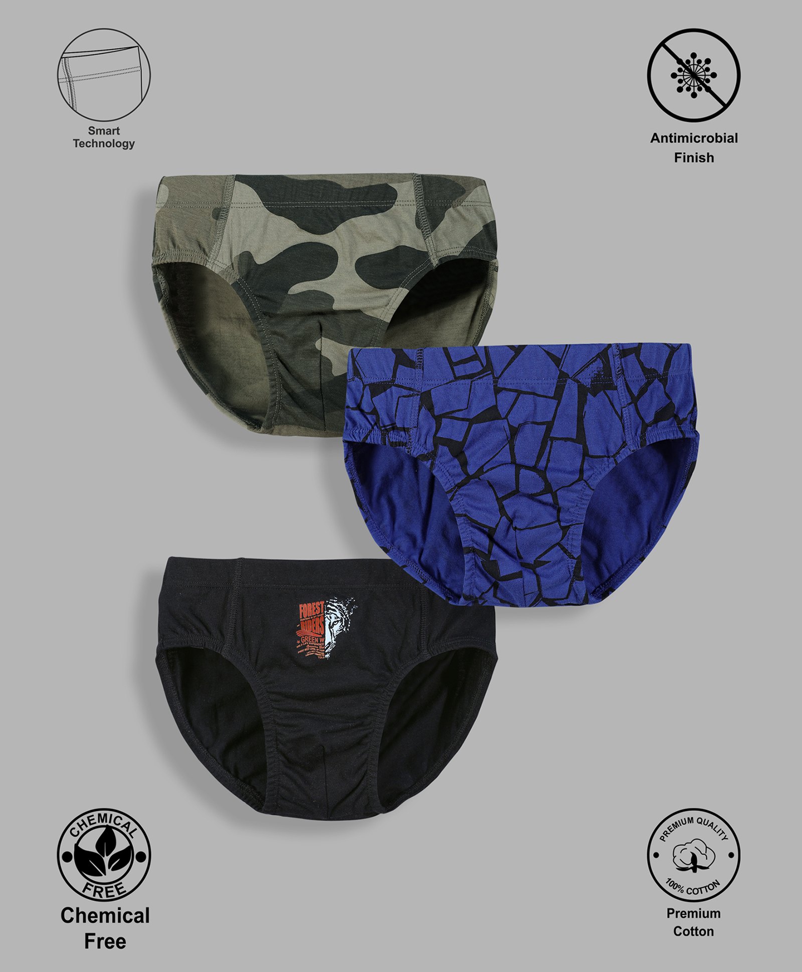 TRESNOVA Cotton Pack Of 3 Anti Microbial Finish & Smart Waistband Technology Tiger & Camouflage Printed Briefs - Blue Green & Black-picture-4