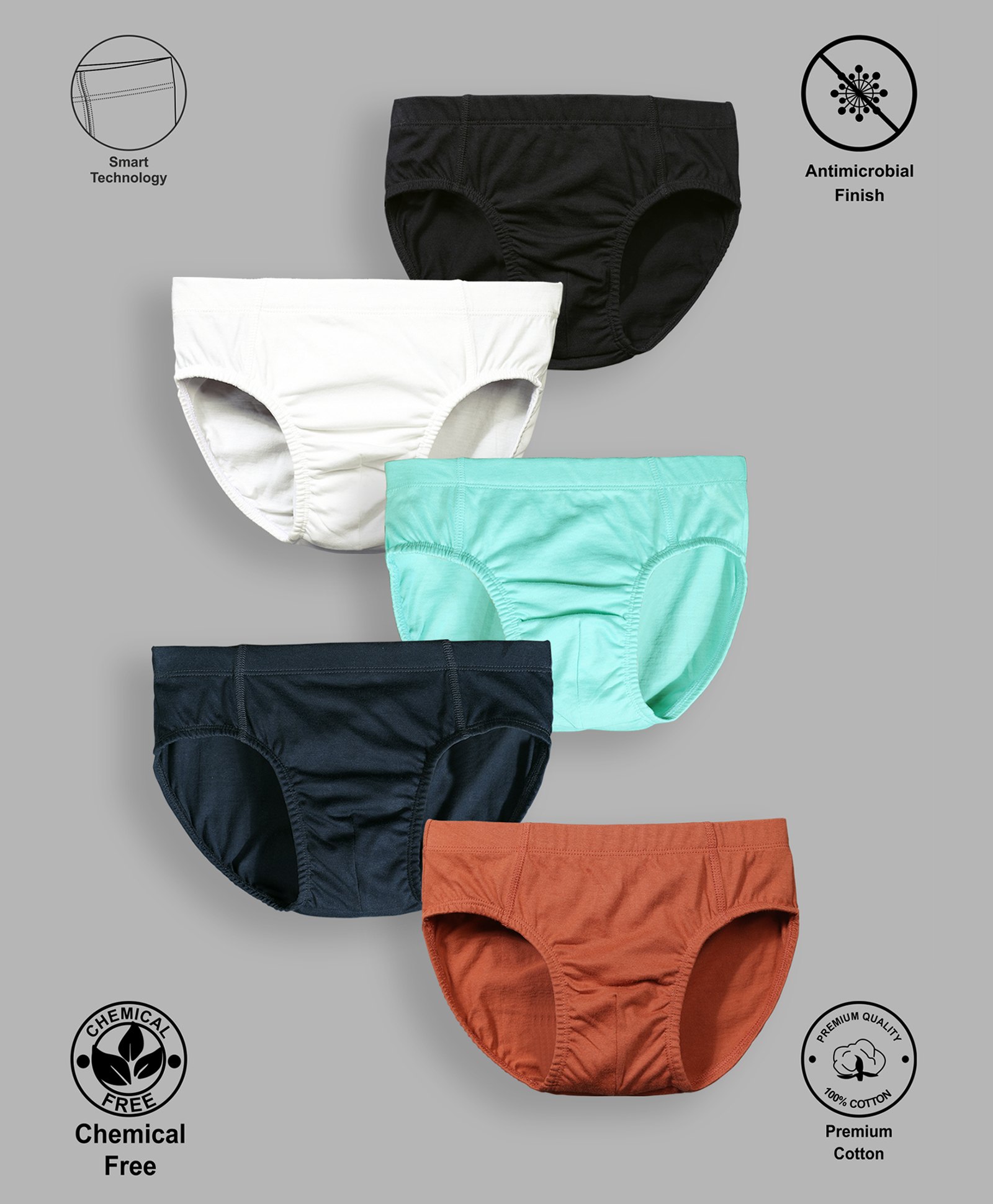 TRESNOVA Cotton Pack Of 4 Anti Microbial Finish & Smart Waistband Technology Solid Briefs - Black White Green Navy Blue & Orange-picture-49