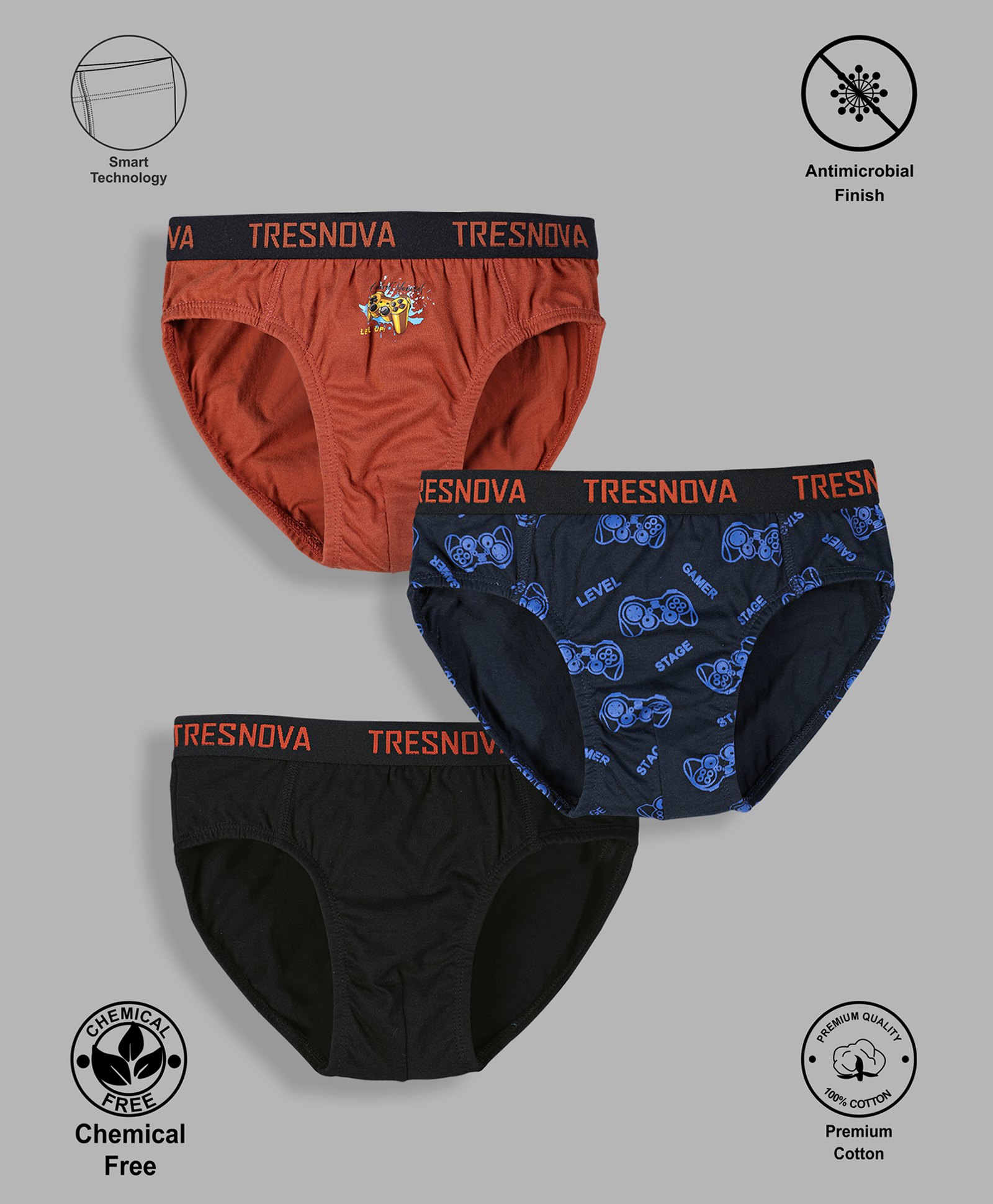 TRESNOVA Cotton Pack Of 3 Anti Microbial Finish & Smart Waistband Technology Solid & Joystick Printed Briefs - Navy Blue Orange & Black-picture-24