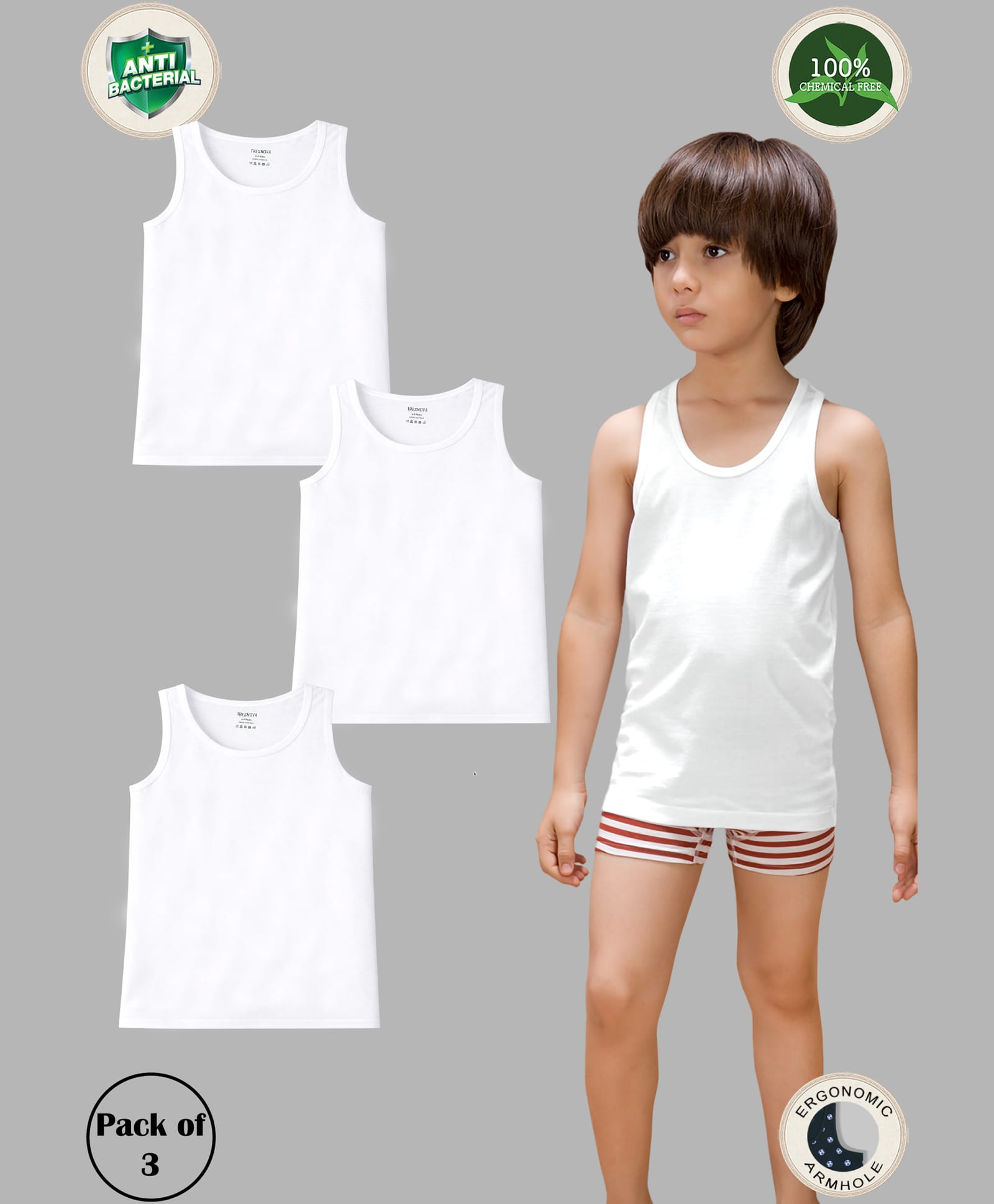 TRESNOVA Cotton Pack Of 3 Sleeveless Anti Microbial Finish Solid Vests - White-picture-35