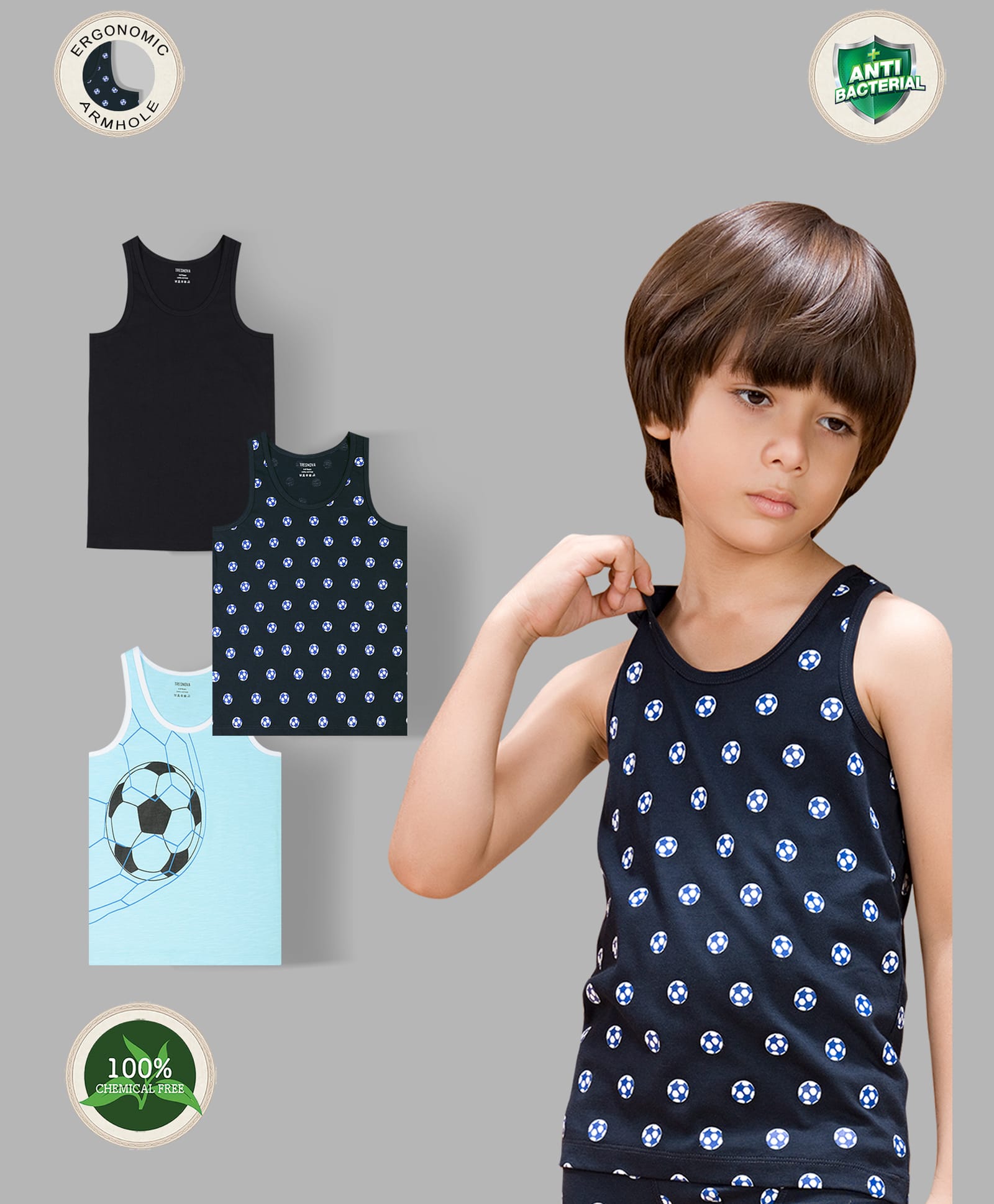 TRESNOVA Cotton Pack Of 3 Anti Microbial Finish & Advanced Ergonomic Armhole Technology Football Printed & Solid Soft Vests - Navy Black & Blue-picture-20