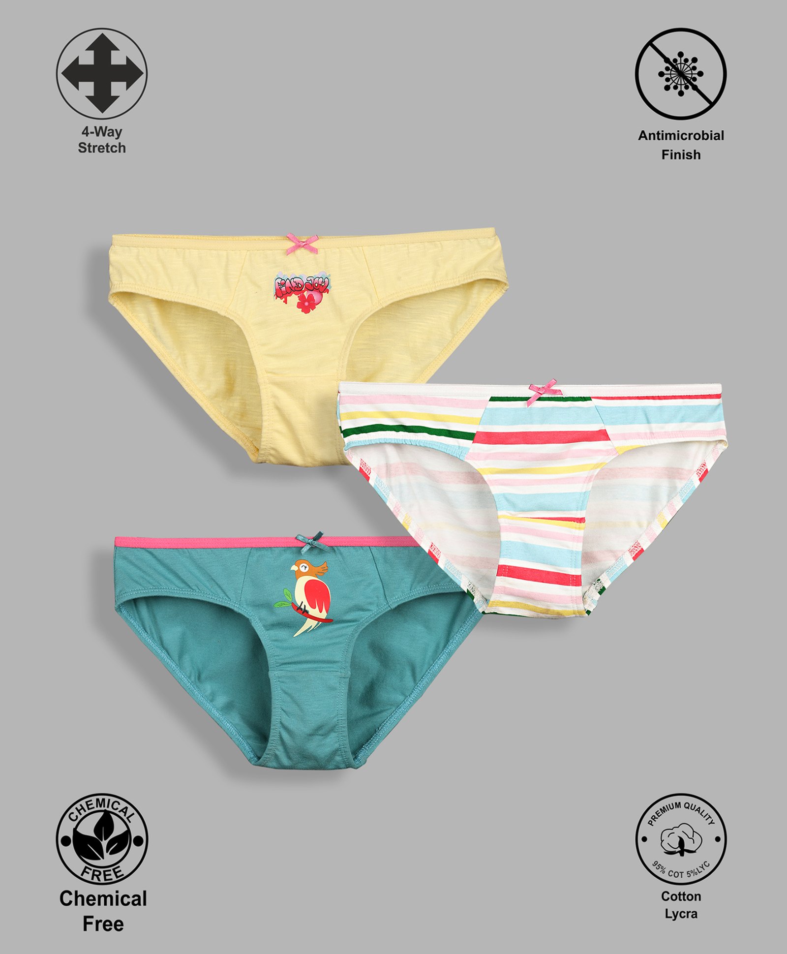 TRESNOVA Cotton Lycra Pack Of 3 Anti Microbial Finish & Smart Waistband Technology Floral & Bird Printed Soft Panties - White Yellow & Blue-picture-12