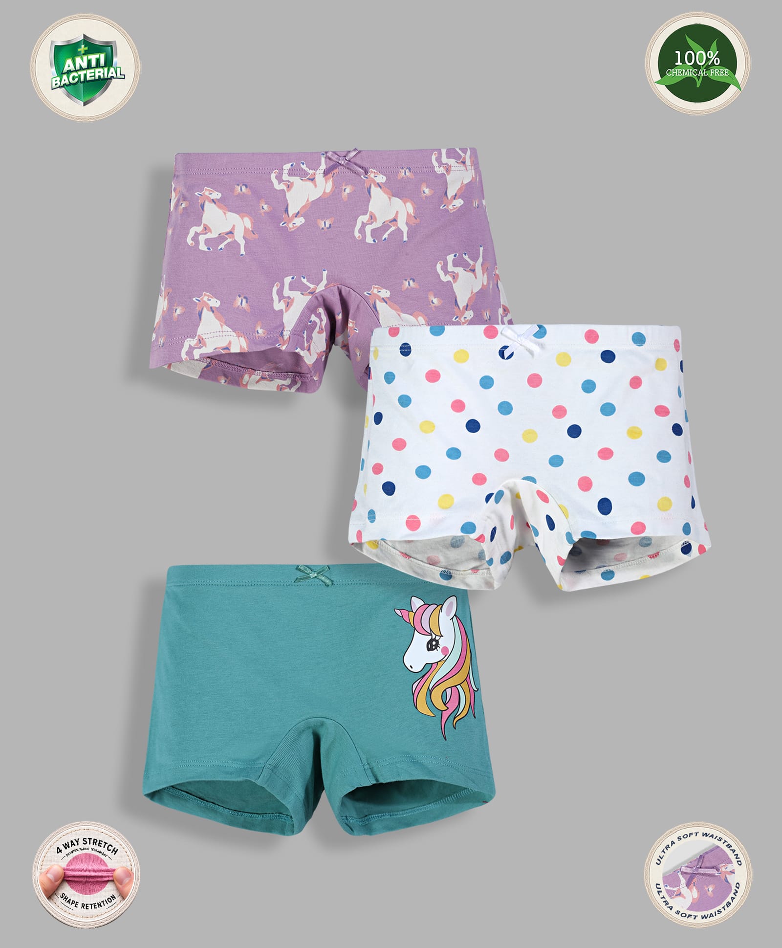 TRESNOVA Pack Of 3 Cotton Lycra Anti Microbial Finish & Smart Waistband Technology Unicorn & Polka Dots Printed Soft Boxer Panties - White Purple & Blue-picture-32