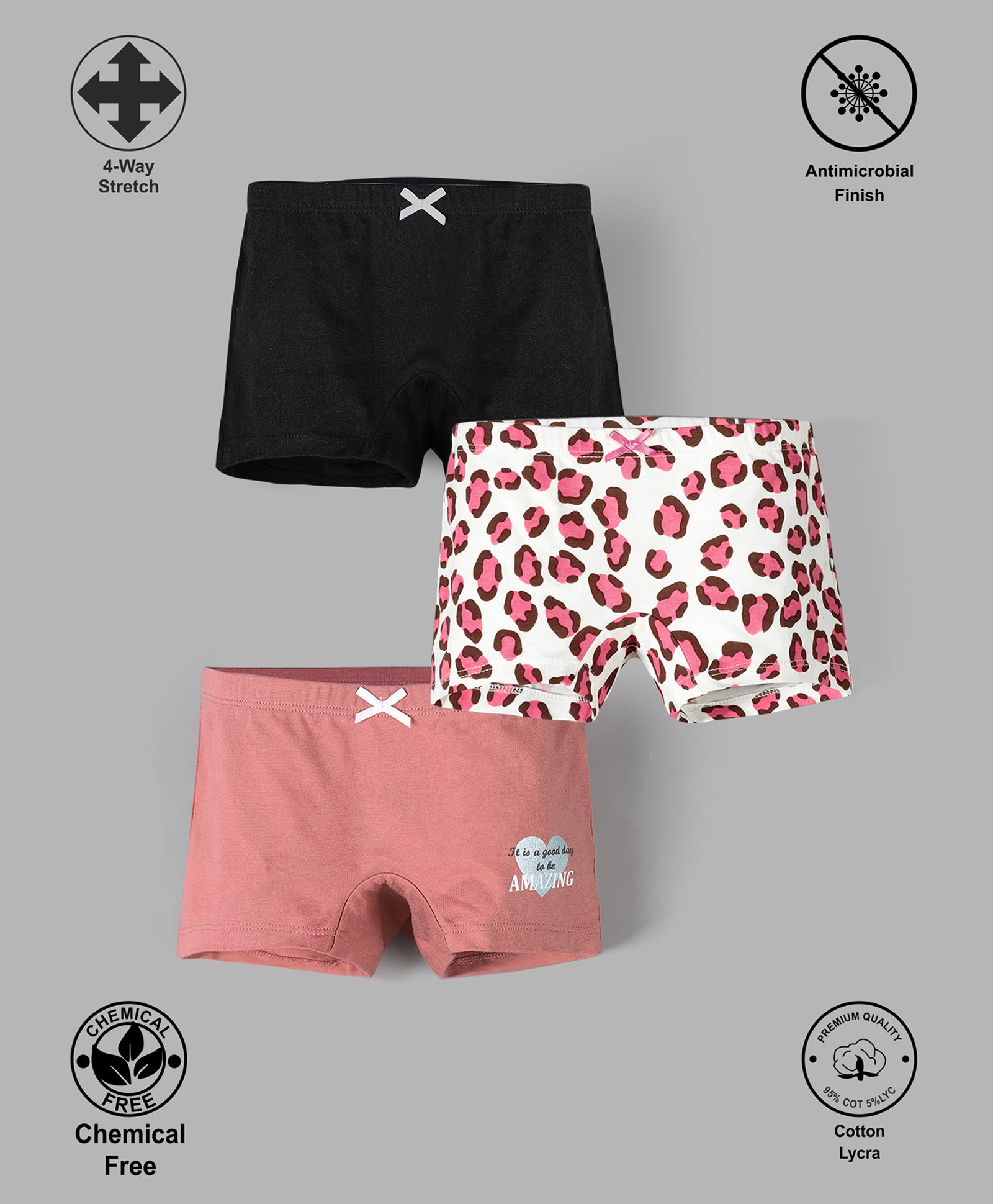 TRESNOVA Pack Of 3 Cotton Lycra Anti Microbial Finish & Smart Waistband Technology Solid & Heart Printed Soft Boxer Panties- Black White & Pink