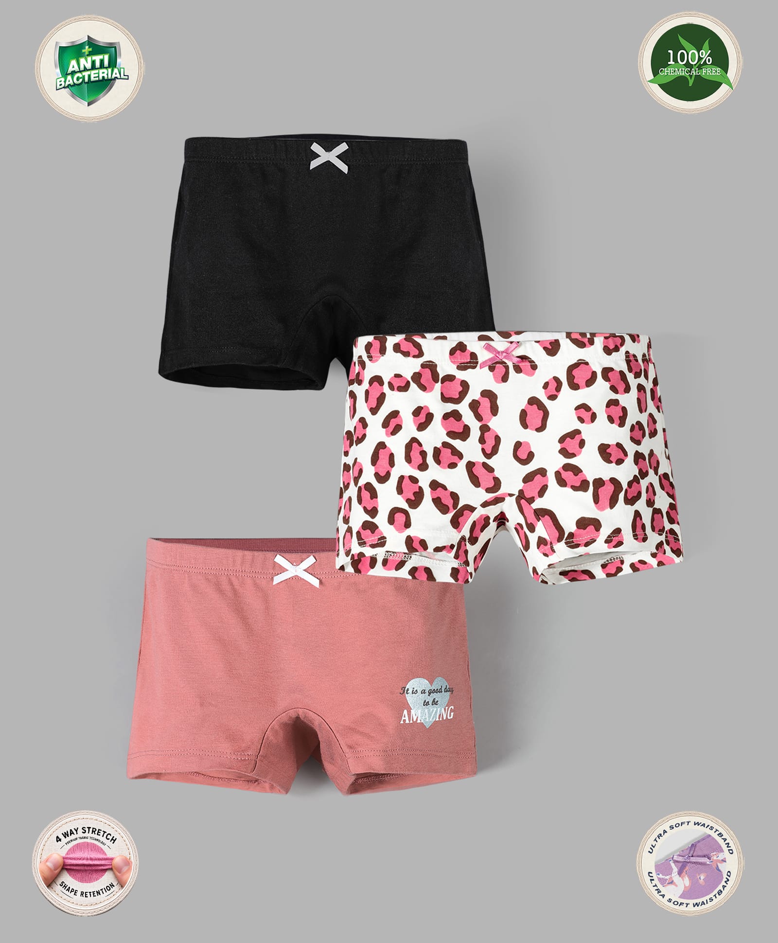 TRESNOVA Pack Of 3 Cotton Lycra Anti Microbial Finish & Smart Waistband Technology Solid & Heart Printed Soft Boxer Panties- Black White & Pink-picture-25