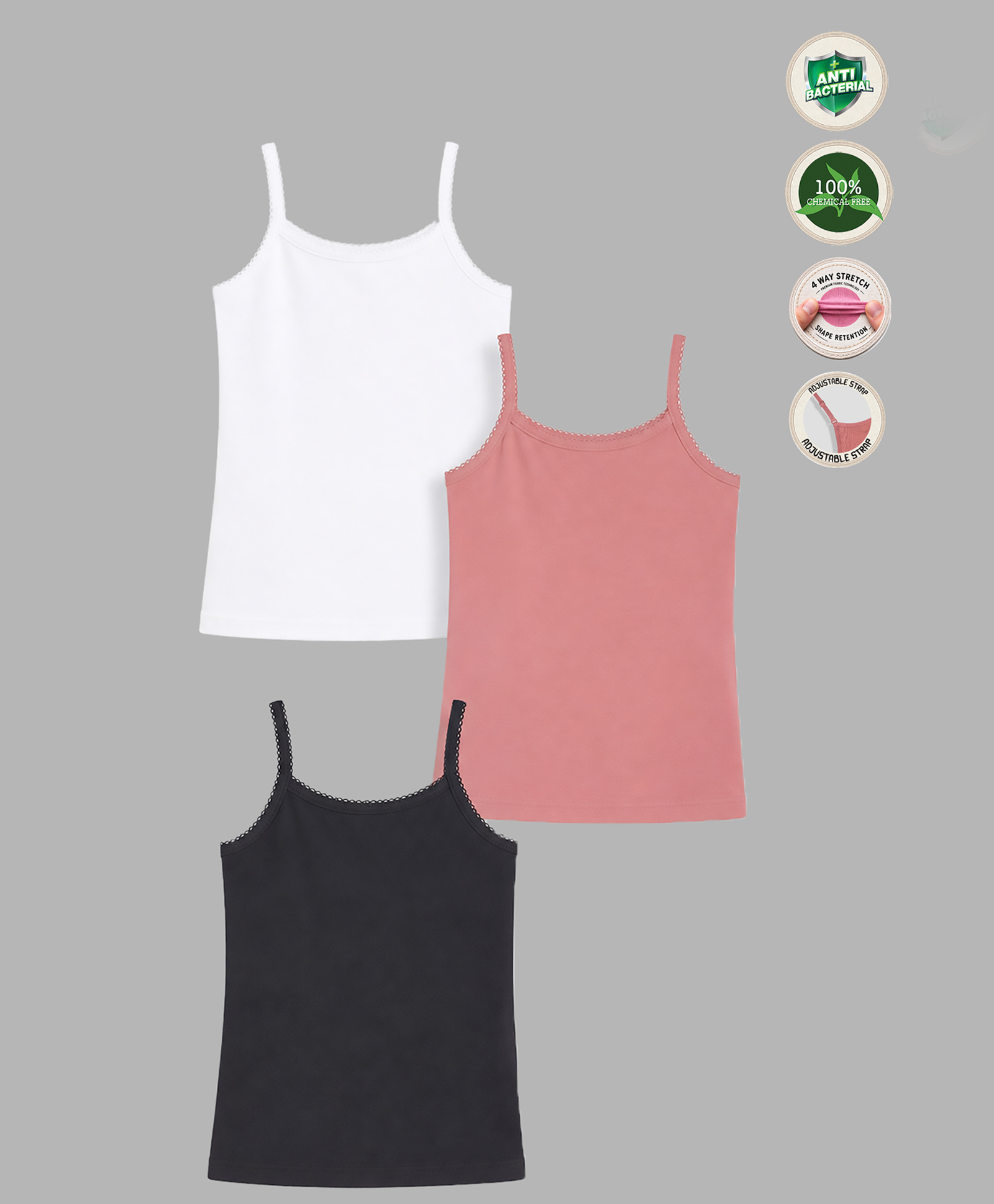 TRESNOVA Cotton Lycra Pack Of 3 Anti Microbial Finish & Advanced Ergonomic Armhole Technology Solid Soft Camisoles - White Pink & Black-picture-20