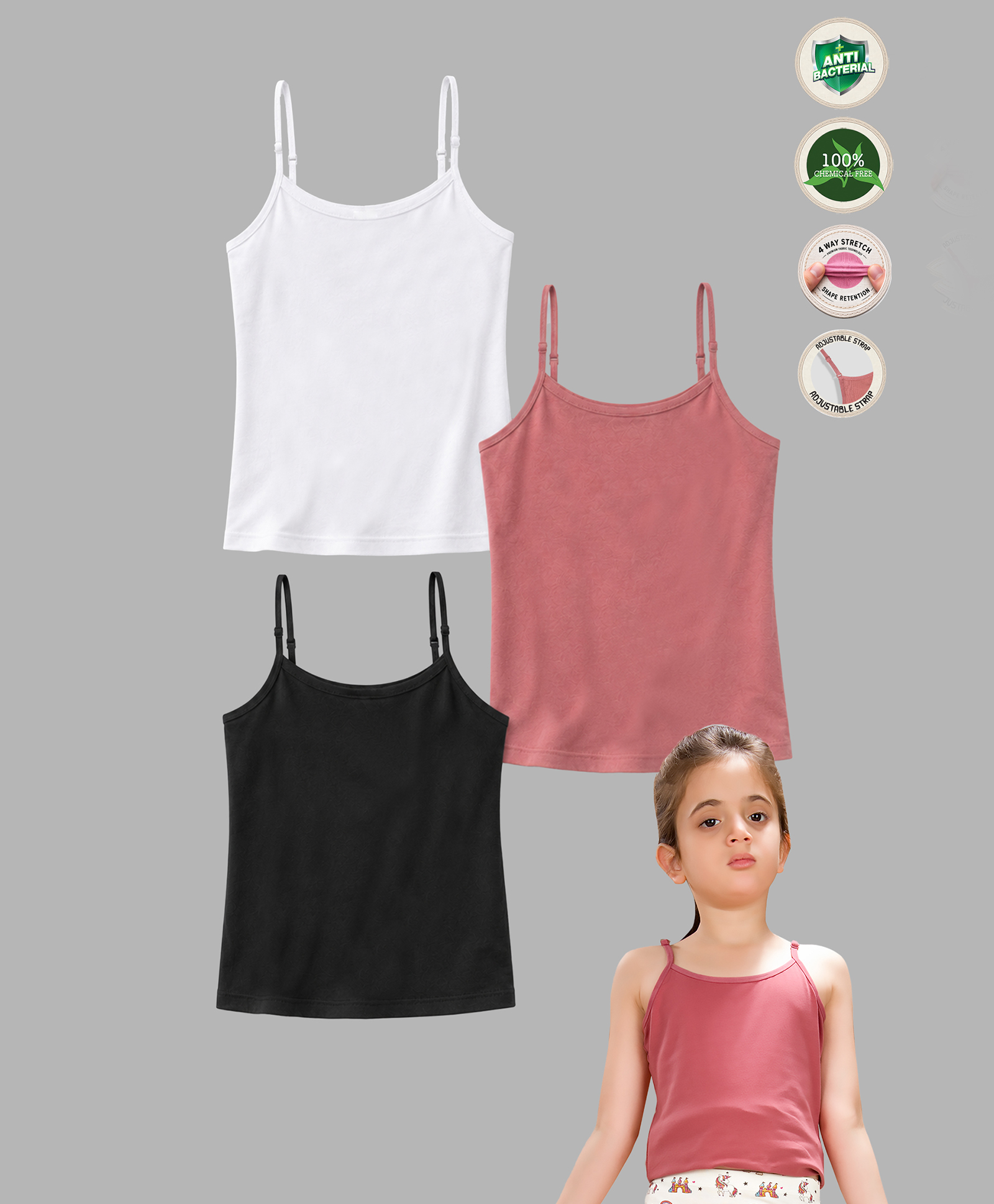 TRESNOVA Cotton Lycra Pack Of 3 Anti Microbial Finish & Advanced Ergonomic Armhole Technology Solid Soft Camisoles - White Pink & Black-picture-20
