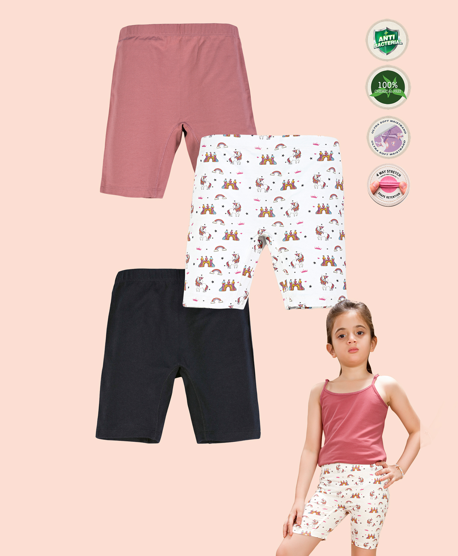 TRESNOVA Cotton Lycra Pack Of 3 Anti Microbial Finish & Smart Waistband Technology Unicorn Printed & Solid Cycling shorts - White Black & Pink-picture-44