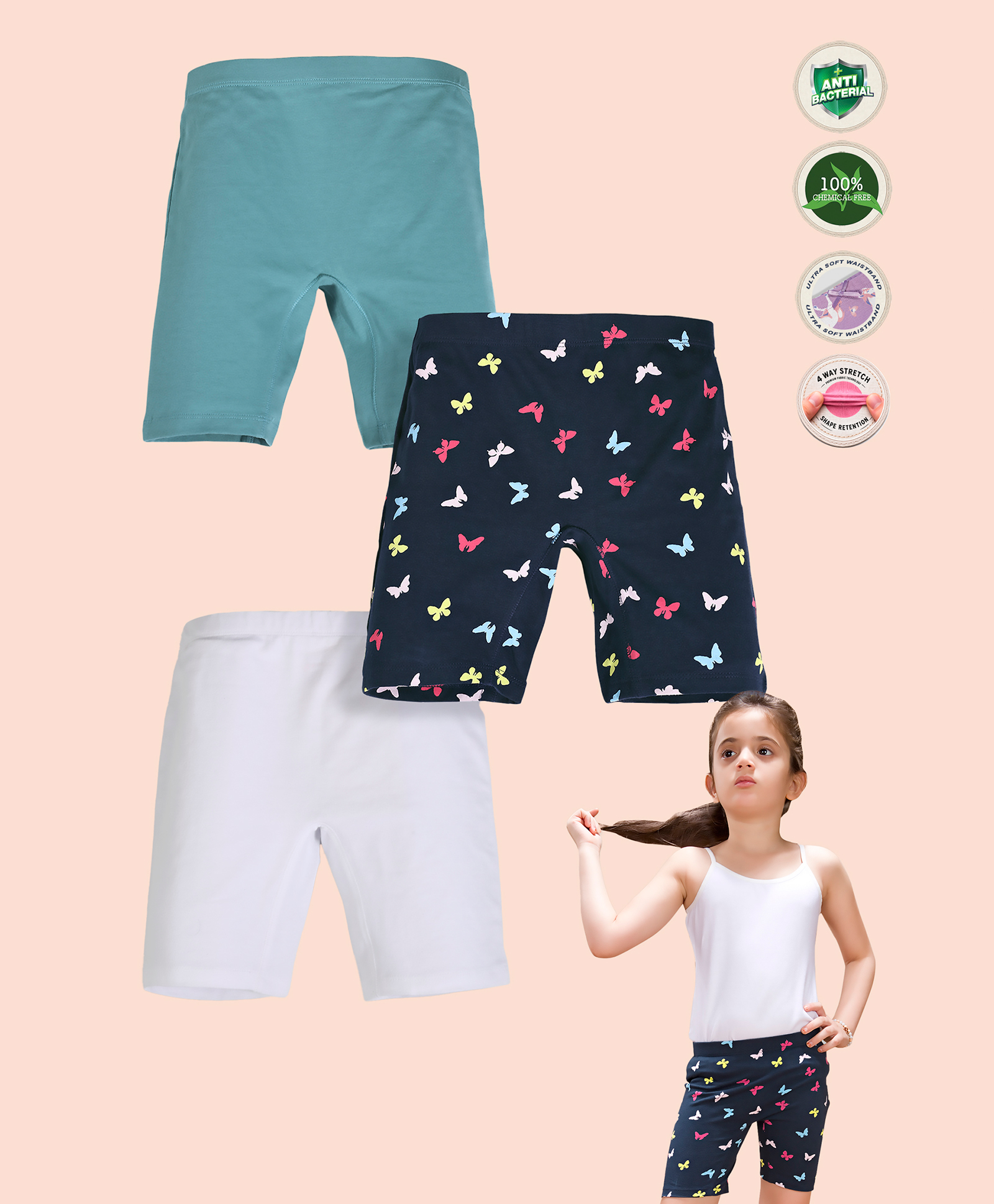 TRESNOVA Cotton Lycra Pack Of 3 Anti Microbial Finish & Smart Waistband Technology Butterfly Printed & Solid Soft Cycling Shorts - Navy Blue & White-image-5