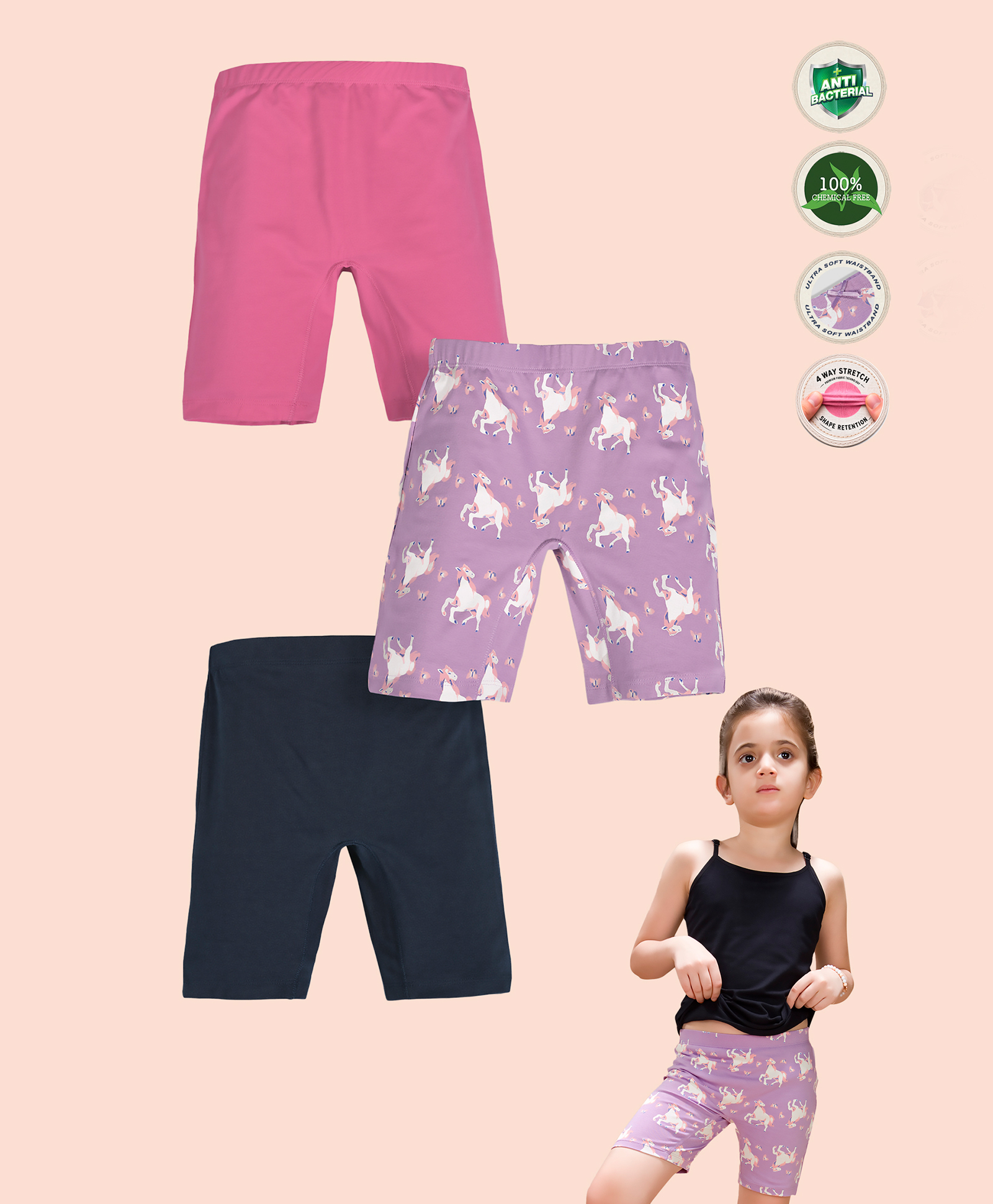 TRESNOVA Cotton Lycra Pack Of 3 Anti Microbial Finish & Smart Waistband Technology Unicorns Printed & Solid Soft Cycling Shorts - Navy Blue Purple & Pink-image-35