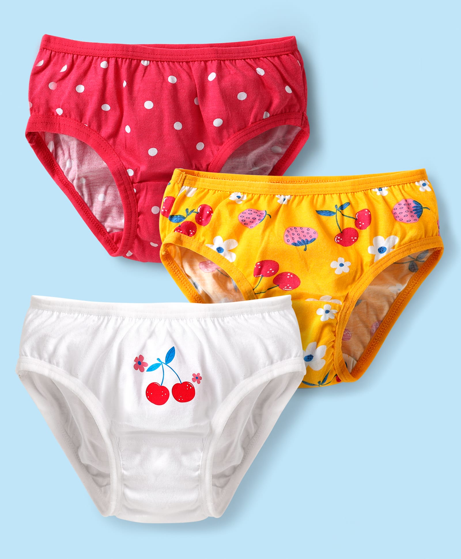 Babyhug 100% Cotton Single Jersey Knit Panties With Polka Dots & Tropical Theme Print Pack Of 3 - White Yellow & Red-image-12