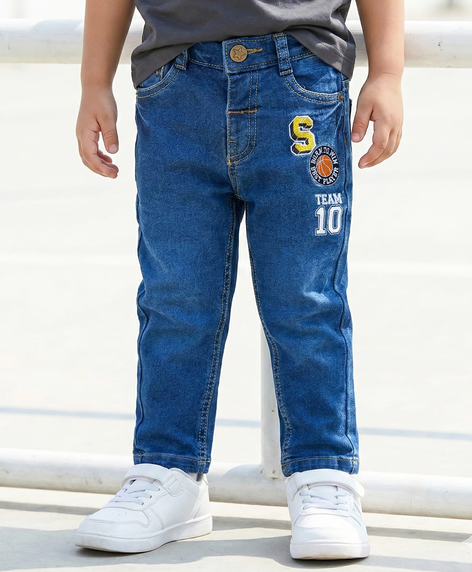 Babyhug Denim Full Length Washed Jeans With Stretch & Text Embroidery - Blue-picture-18