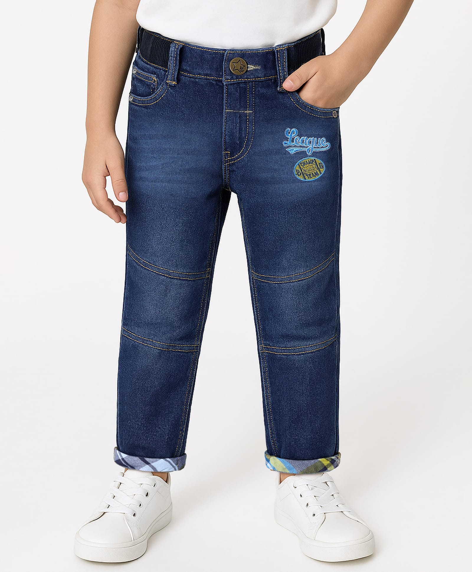 Babyhug Full Length Washed Denim Jeans With Text Embroidery & Stretch - Blue-picture-31