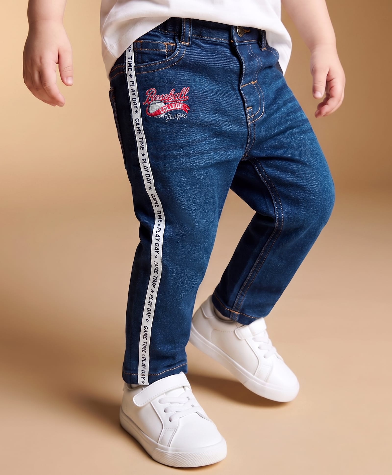 Babyhug Full Length Denim Jeans With Stretch & Tape Detailing - Blue-picture-18
