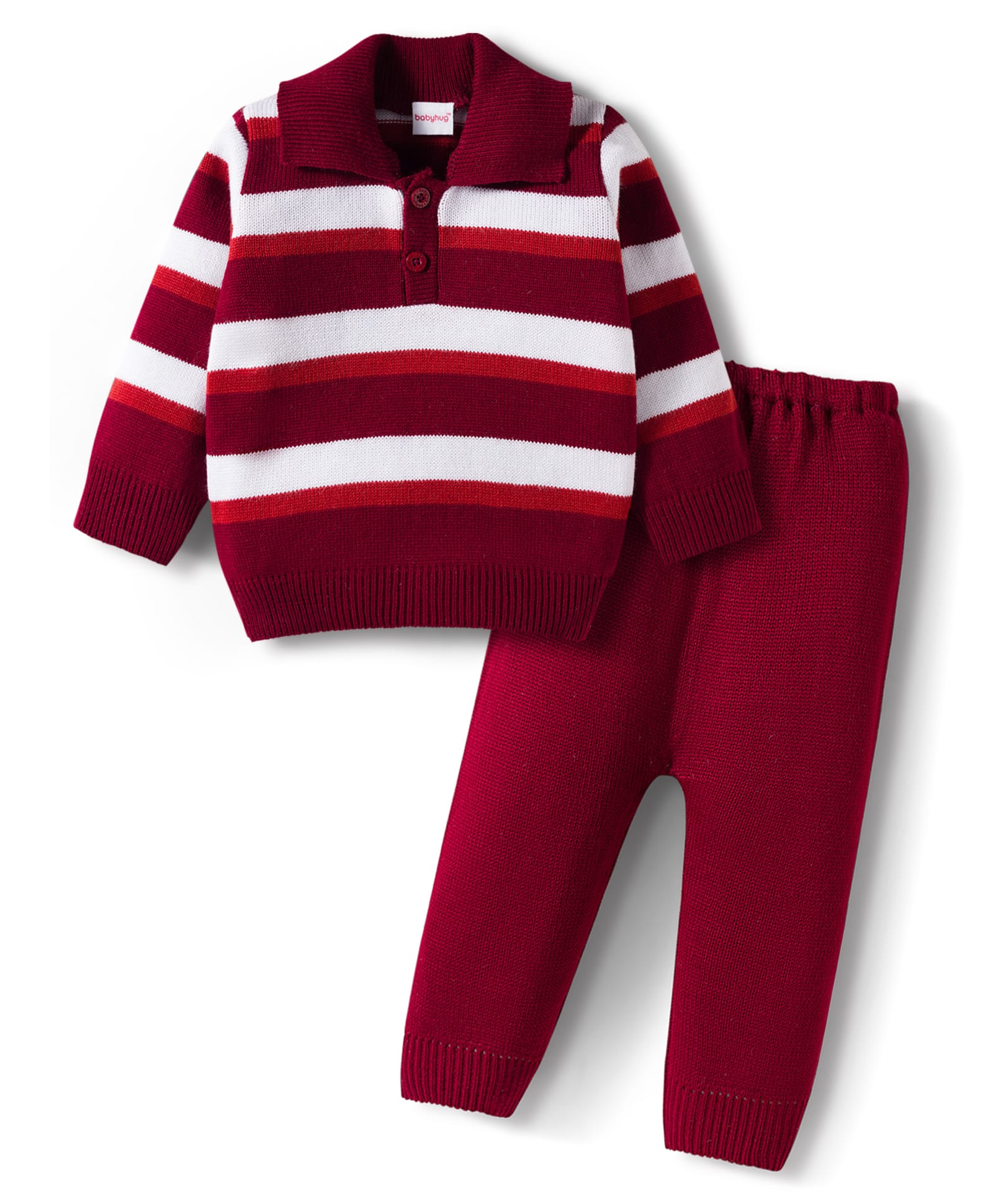 Babyhug Knitted Full Sleeves Striped Sweater Set - Maroon & White-image-43