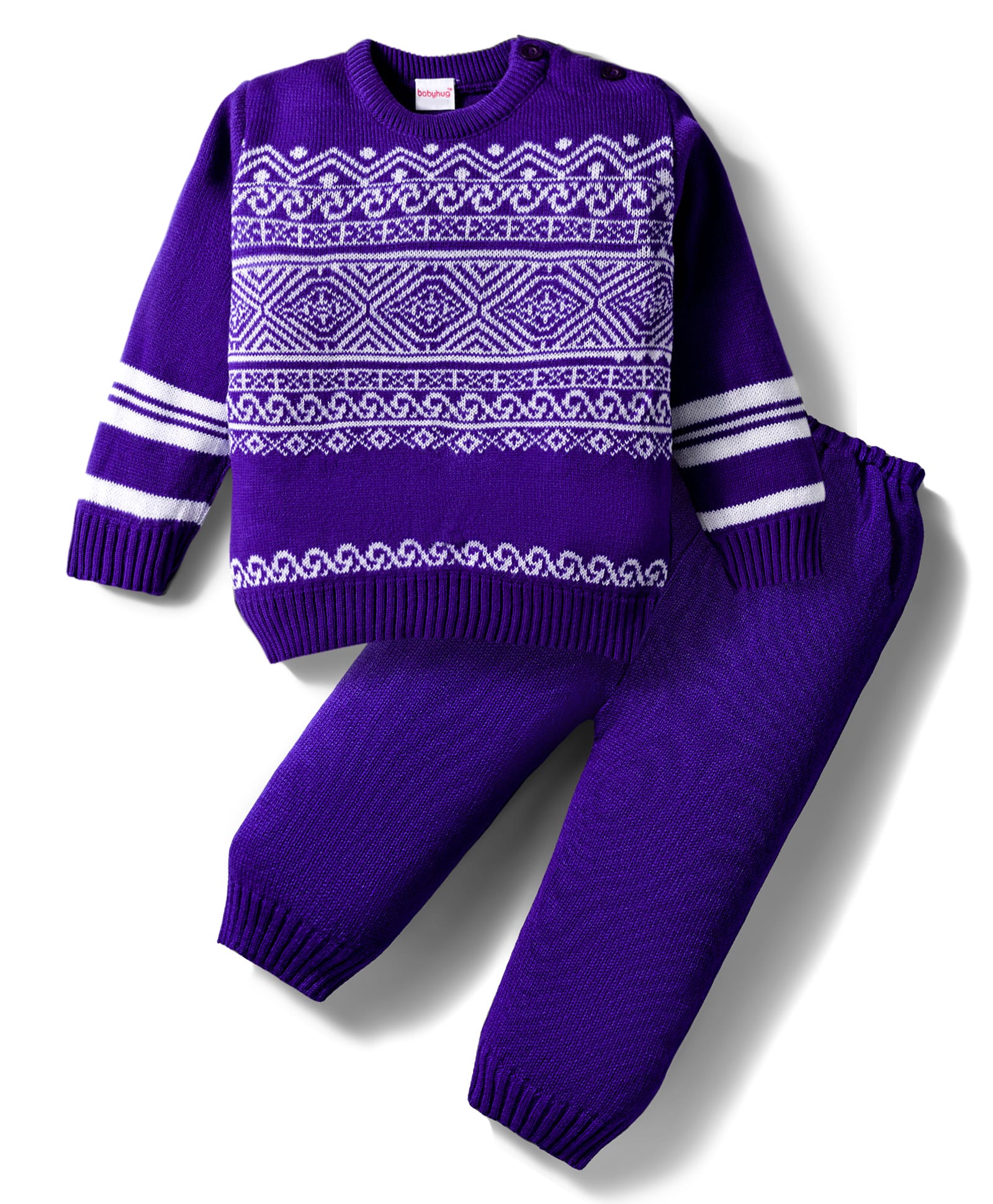 Babyhug Knit Full Sleeves Sweater Set with Fair Isle Design - Purple-image-21