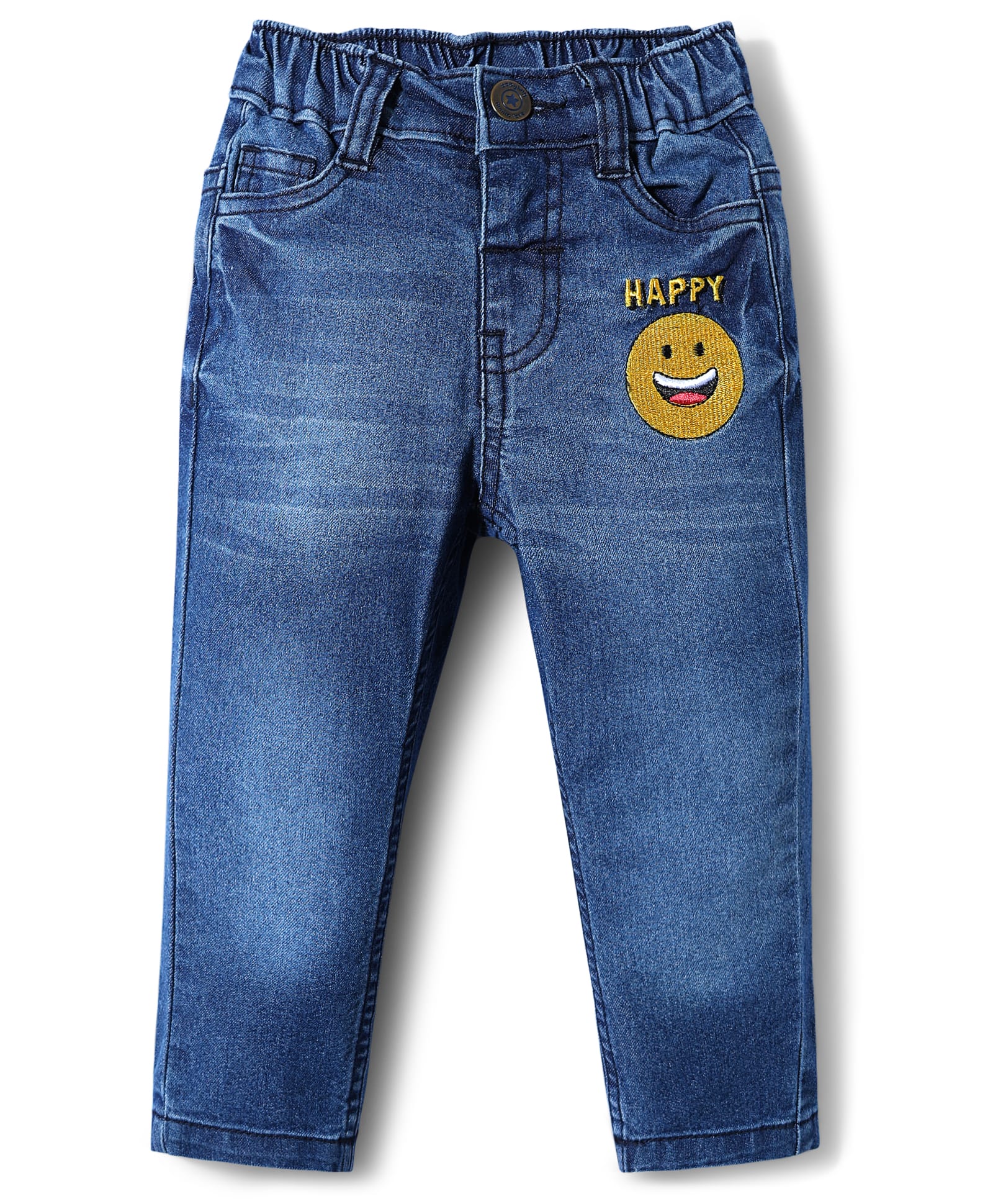 Babyhug Full Length Denim Jeans With Stretch & Smiley Badge - Blue