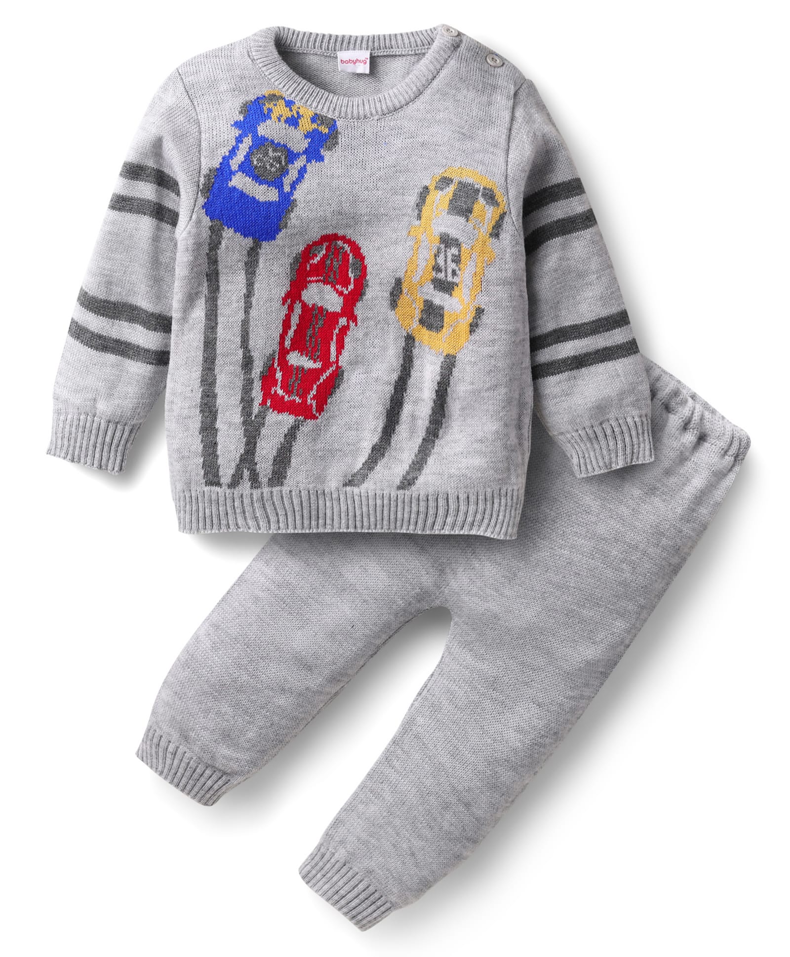 Babyhug Knitted Full Sleeves Sweater Set with Car Design - Light Grey-image-29