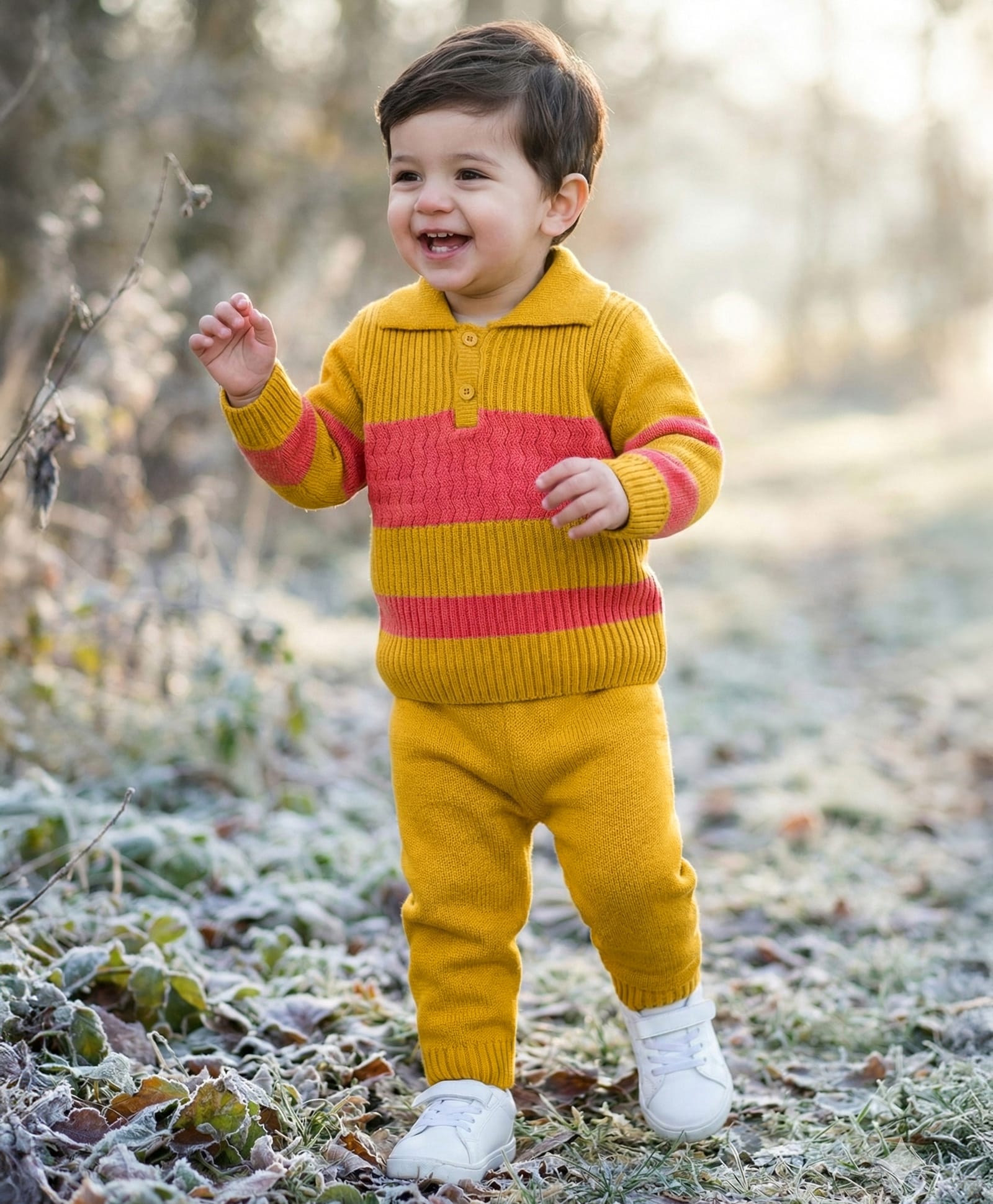 Babyhug Knitted Full Sleeves Striped Sweater Set - Mustard & Rust Orange