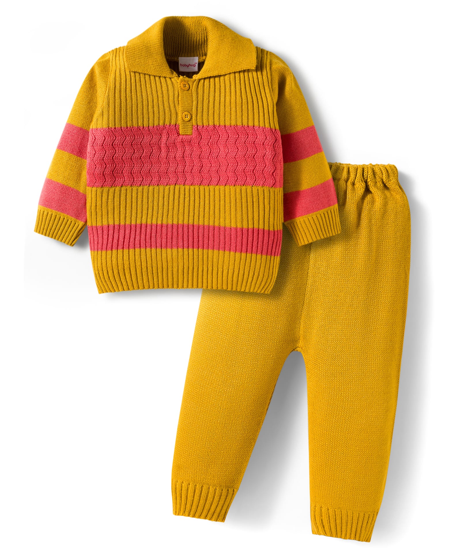 Babyhug Knitted Full Sleeves Striped Sweater Set - Mustard & Rust Orange-picture-29