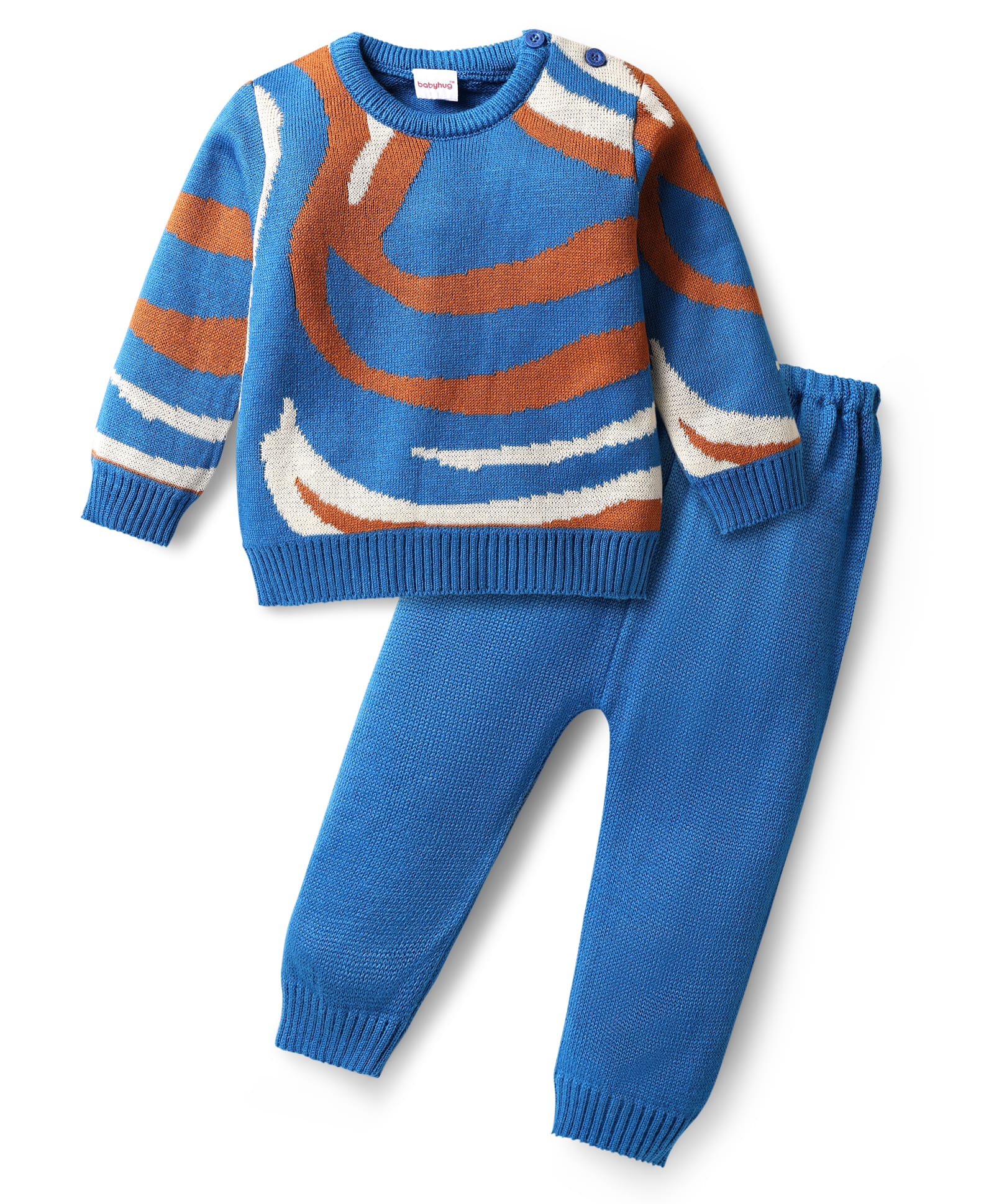 Babyhug Acrylic Knitted Full Sleeves Sweater Set With Color Block Design - Blue-image-31