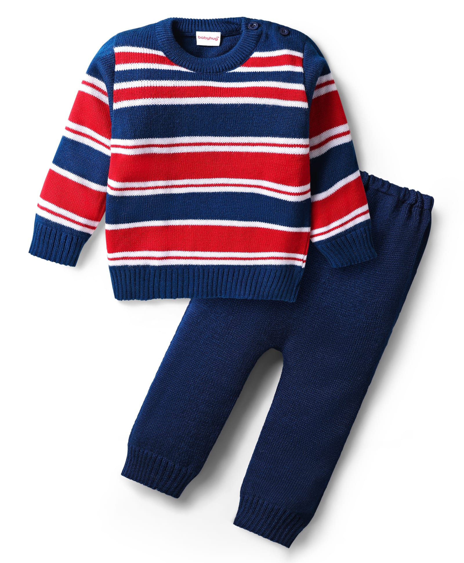Babyhug Acrylic Knitted Full Sleeves Striped Sweater Set - Navy Blue & Red-image-48