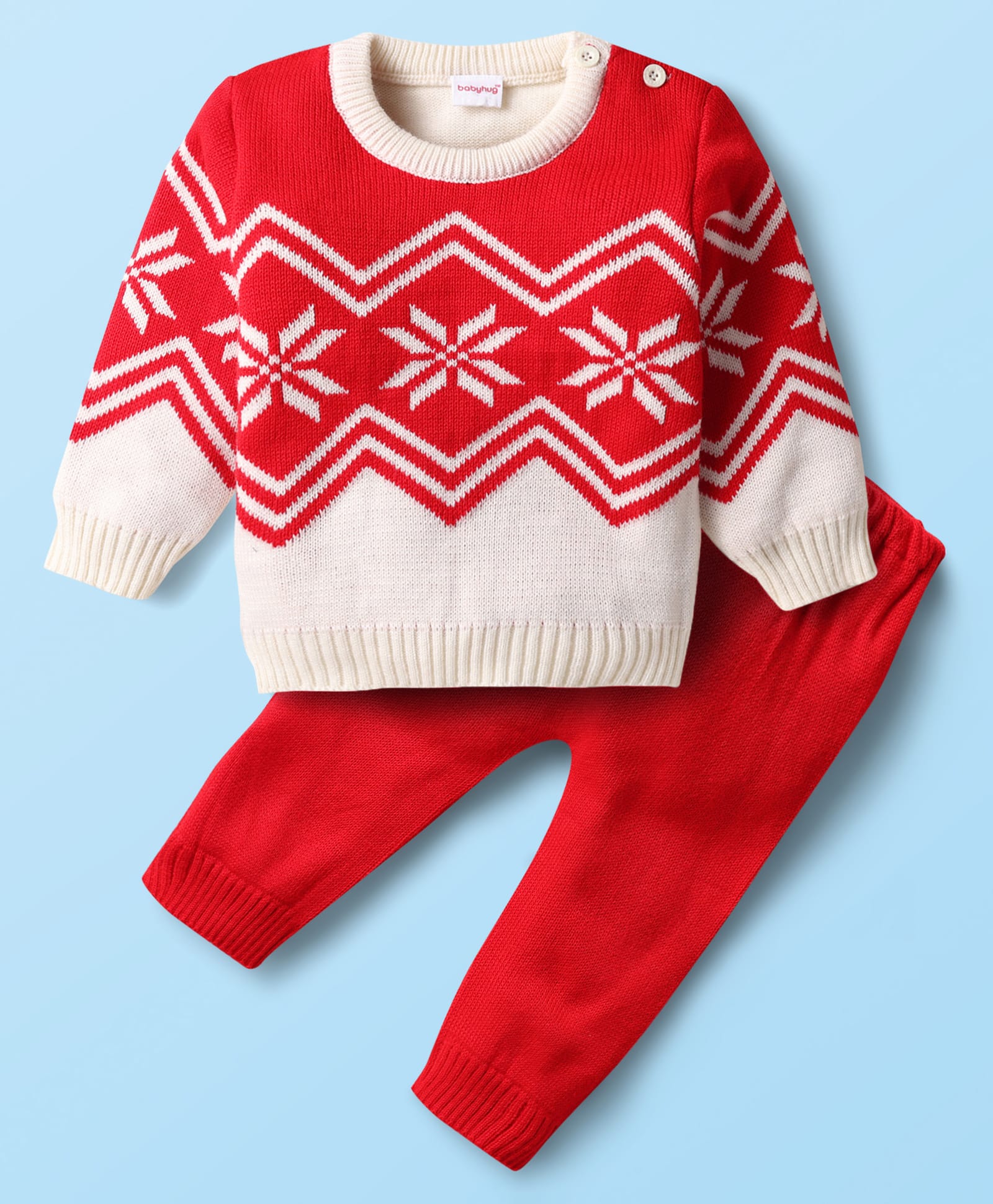 Babyhug Acrylic Knitted Full Sleeves Sweater Set With Chevron Design - Red & White-image-37