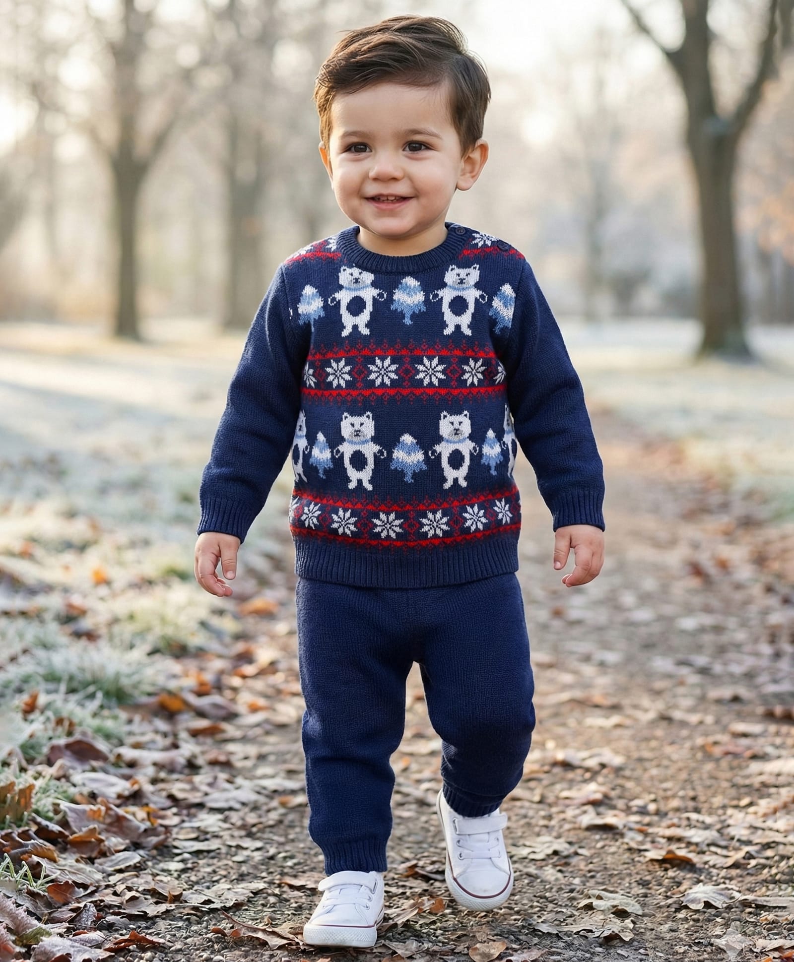 Babyhug Knit Full Sleeves Pullover Sweater Set With Floral Design - Navy Blue & Red-image-45