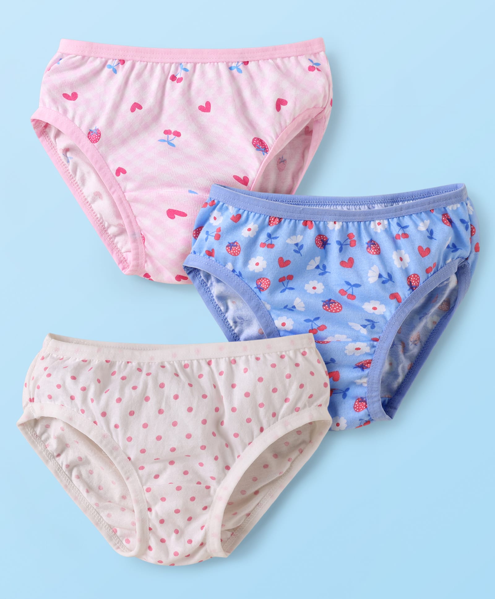 Babyhug 100% Cotton Single Jersey Knit Panties With Polka Dots & Floral Print Pack Of 3 - Pink Blue & Cream