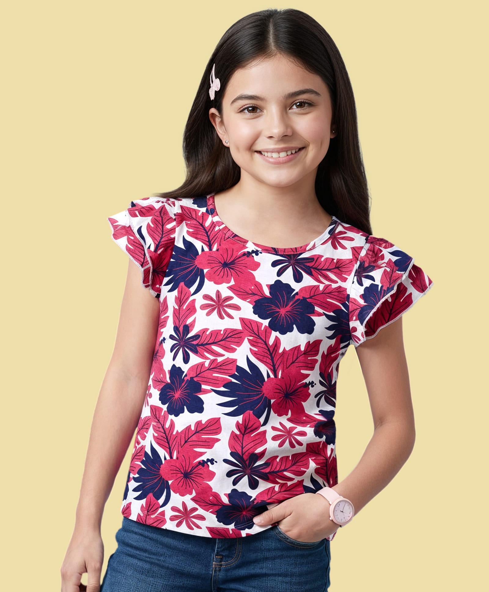 Pine Kids Cotton Knit Half Sleeves Top with Floral Print - Dark Pink-picture-20