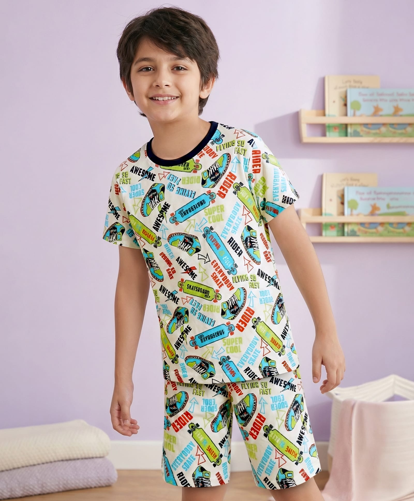 Pine Kids Single Jersey Knit Half Sleeves Shorts Co-Ord Night Suit With Skating Print - Off White-image-41