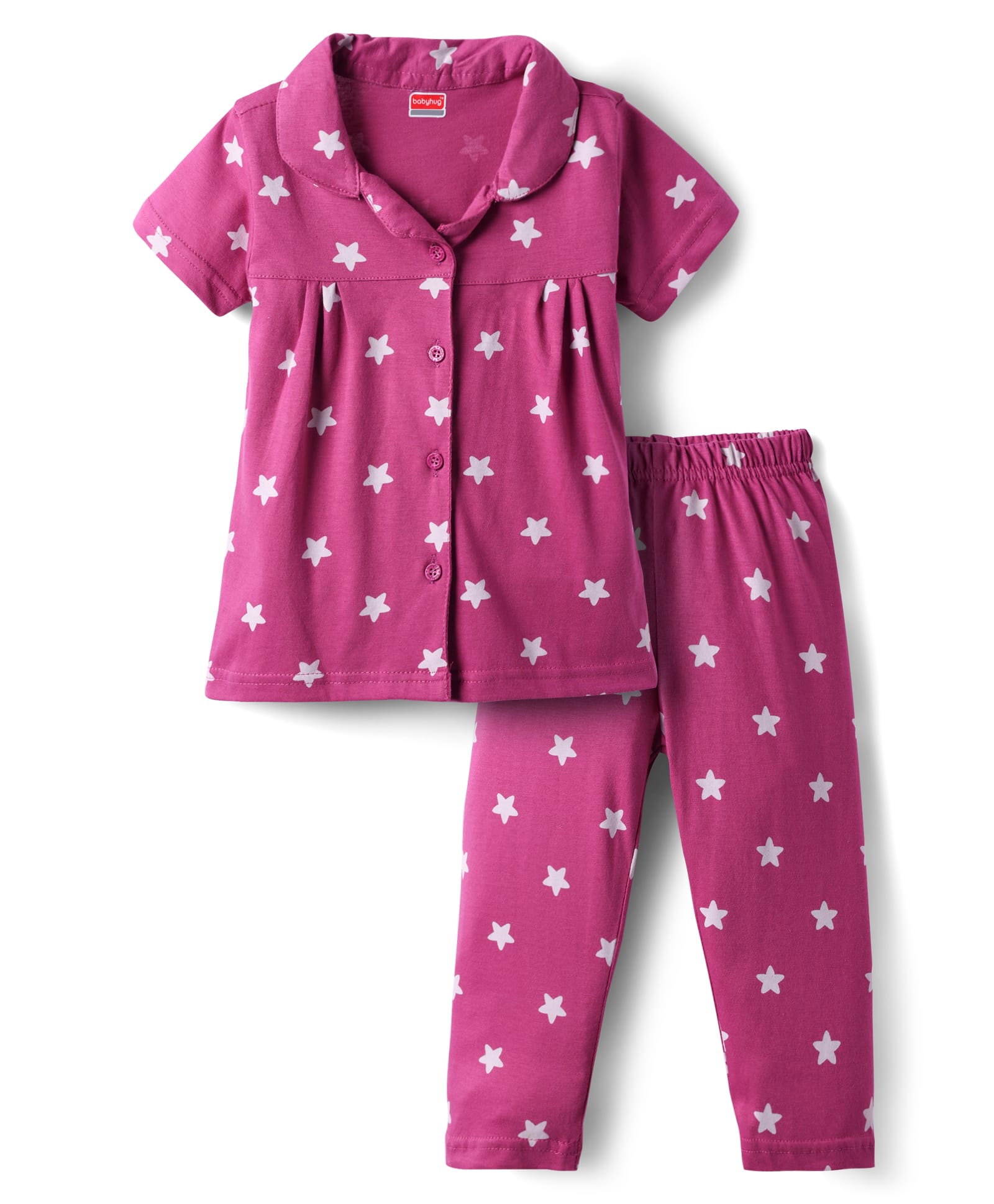 Babyhug Cotton Knit Half Sleeves Co-Ord Night Suit With Star Print - Purple-image-23