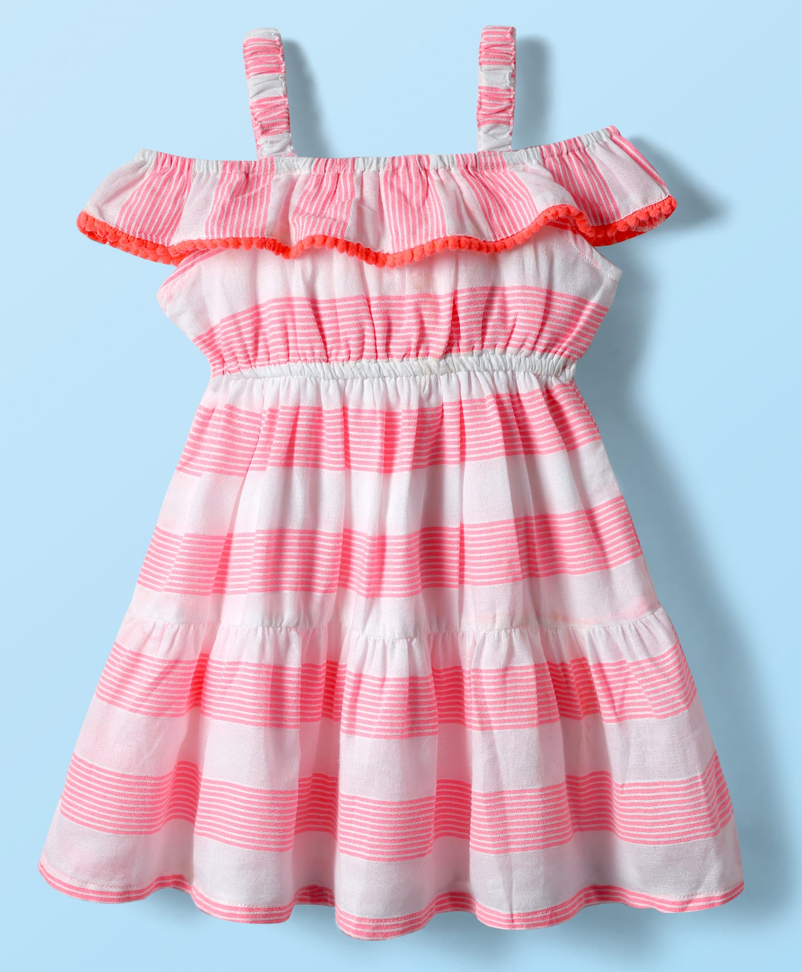 Babyhug Rayon Woven Cold Shoulder Sleeves Striped Frock - Pink & White-picture-10
