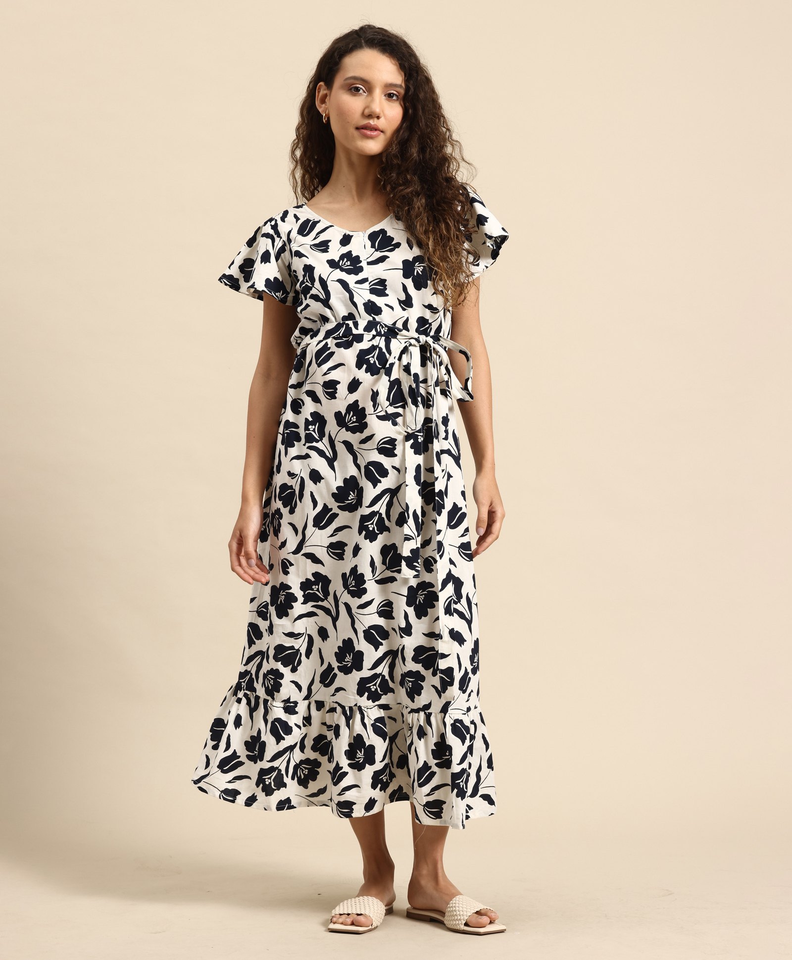 Blush 9 Cotton Viscose Linen Woven Half Sleeves Floral Printed Maternity Dress With Concealed Zipper Nursing Access - Black & White-image-48