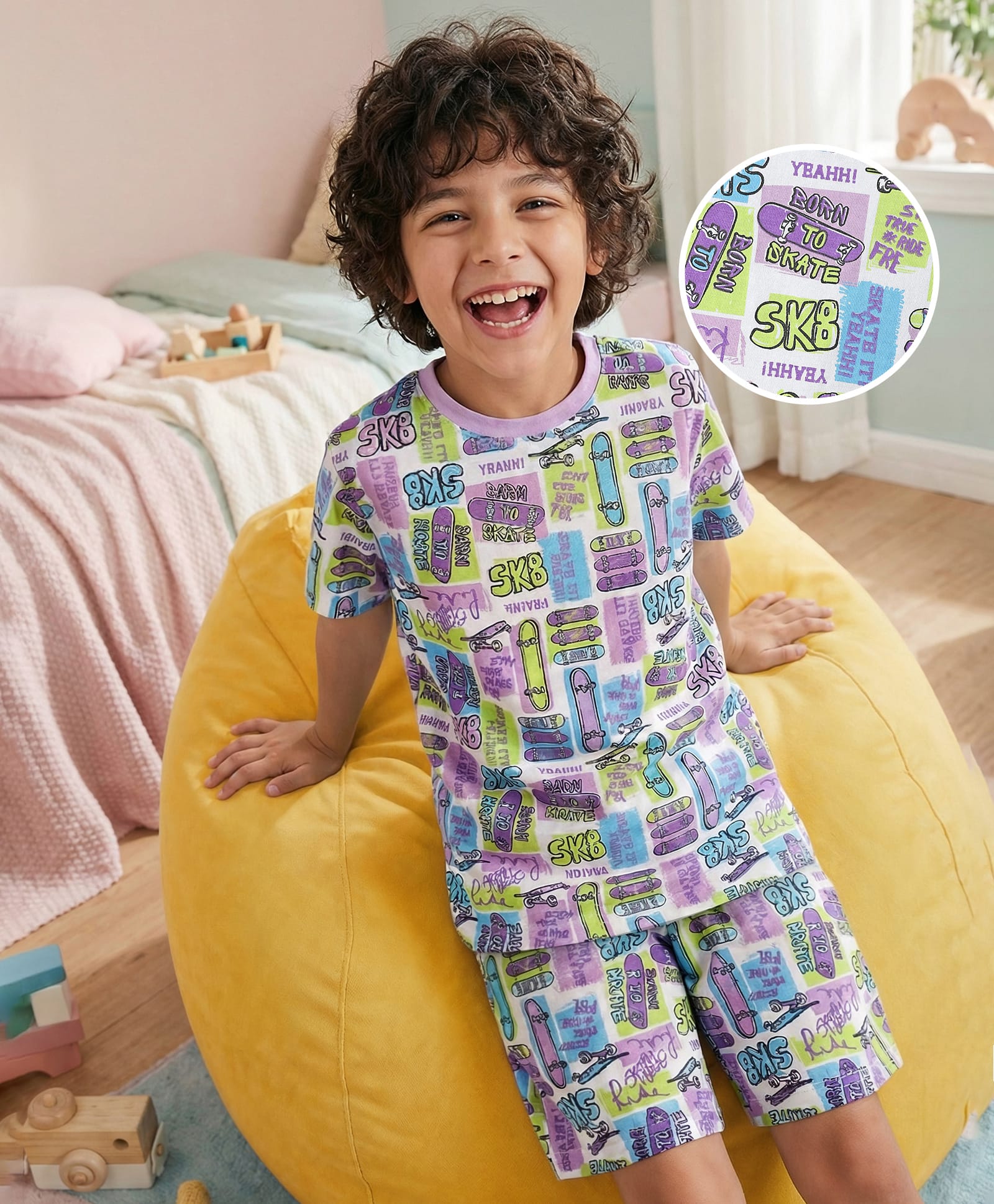 Pine Kids Single Jersey Knit Half Sleeves Co-ords Shorts Night Suit with Skating Print - White