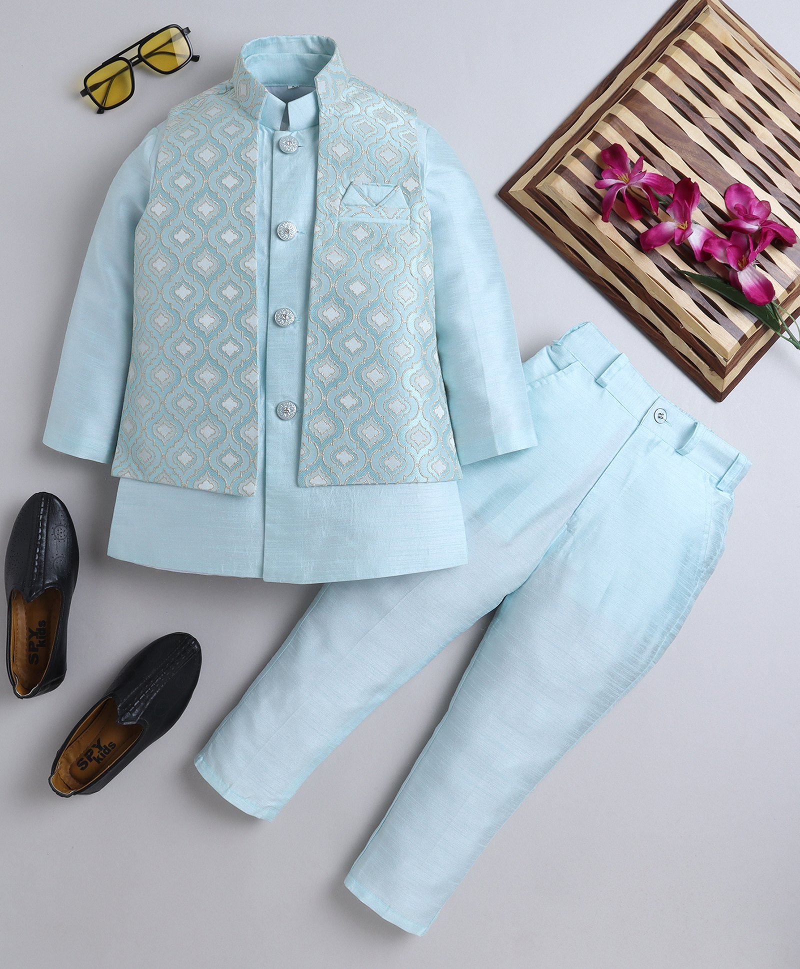 Ahhaaaa Velvet Full Sleeves Solid Kurta With Pant & Embroidered Jacket Set - Turquoise-image-8