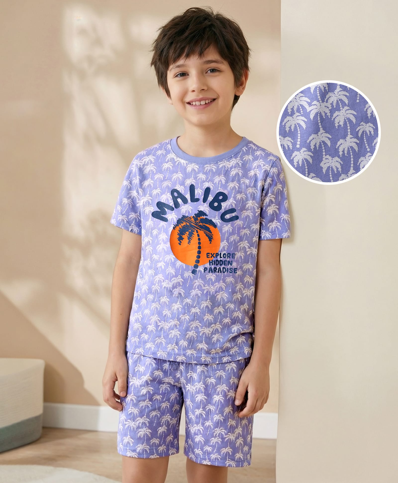 Pine Kids Single Jersey Knit Half Sleeves Short Night Suit With Tropical Theme Print - Blue