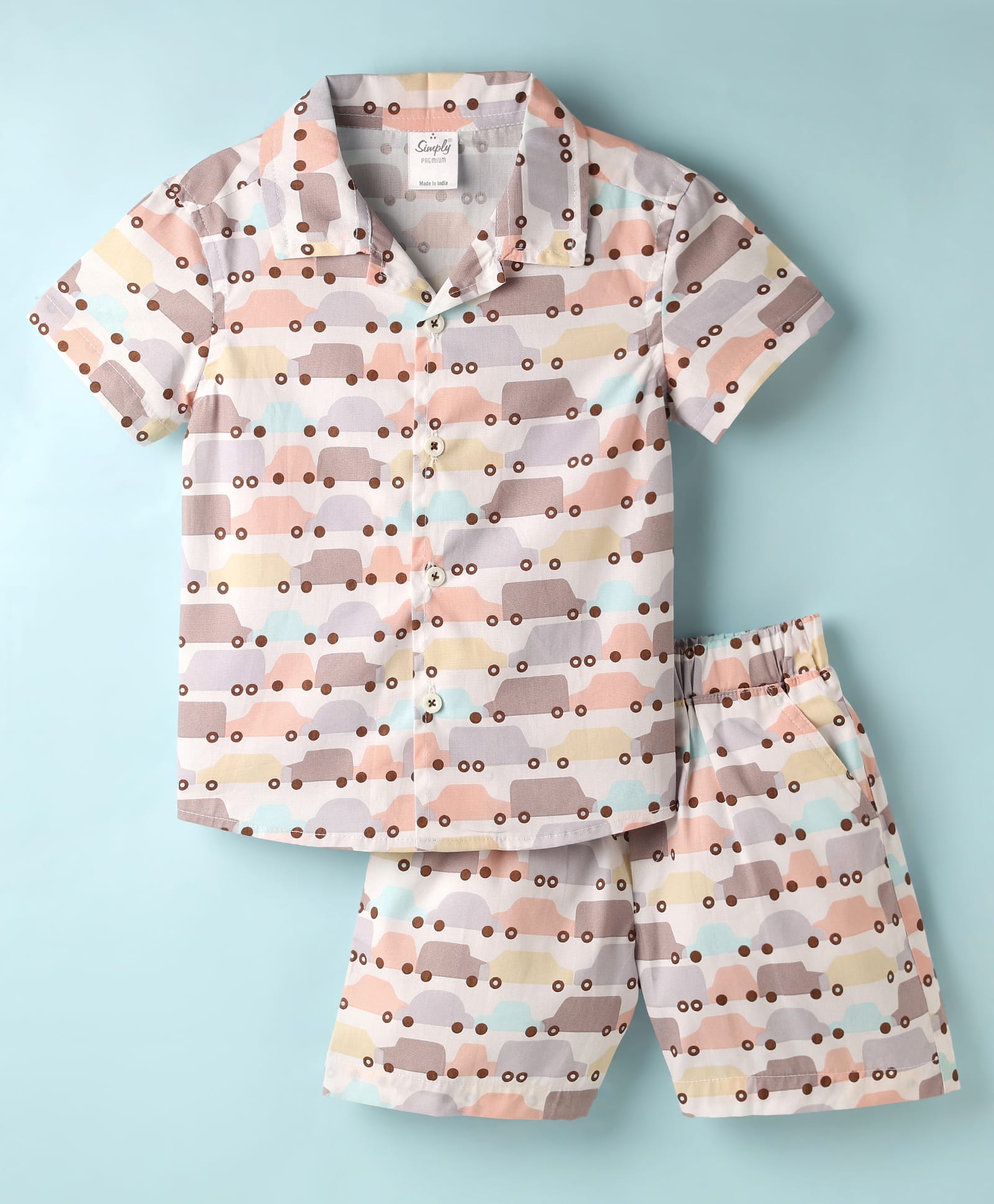 Simply Premium Poplin Woven Half Sleeves Co-Ord Shorts Night Suit with Car Print - Multicolor-picture-16