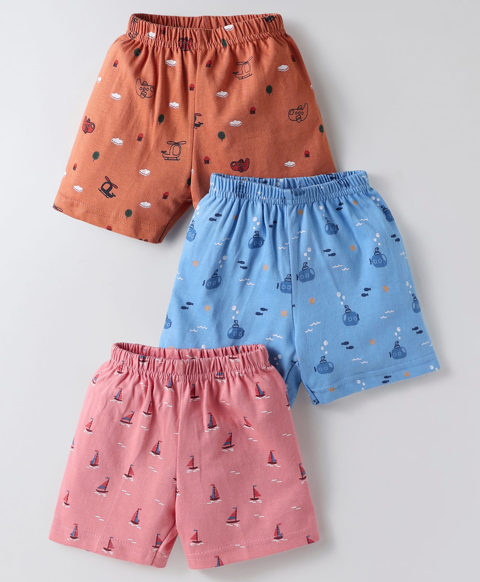 Zero Sinker Knit Above Knee Length Vehicles Print Shorts Pack Of 3 - Pink Light Blue & Brown-image-19