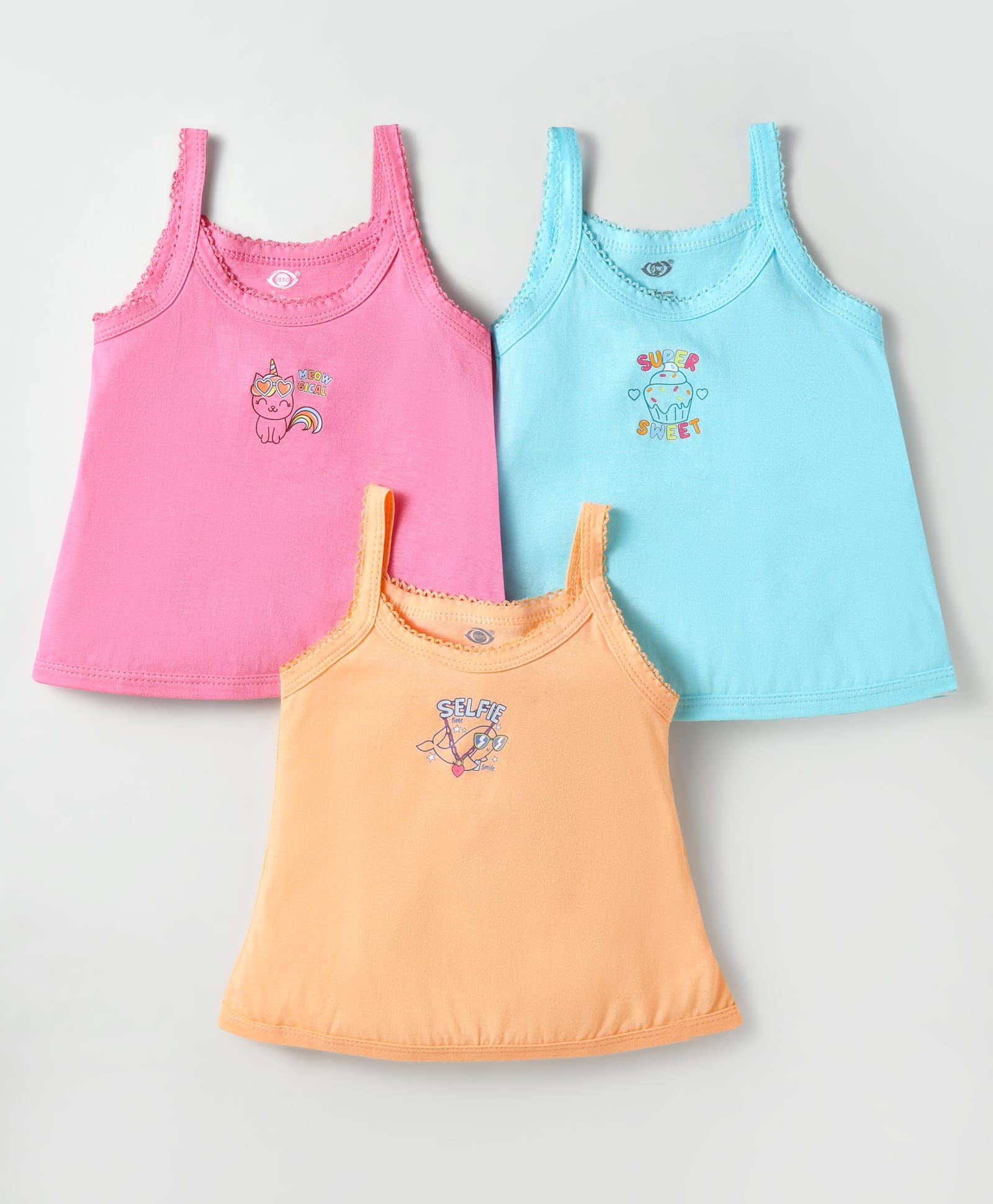 Zero Sinker Knit Singlet Sleeves Slips With Unicorn Print Pack Of 3 - Dark Pink Light Blue & Orange-image-29