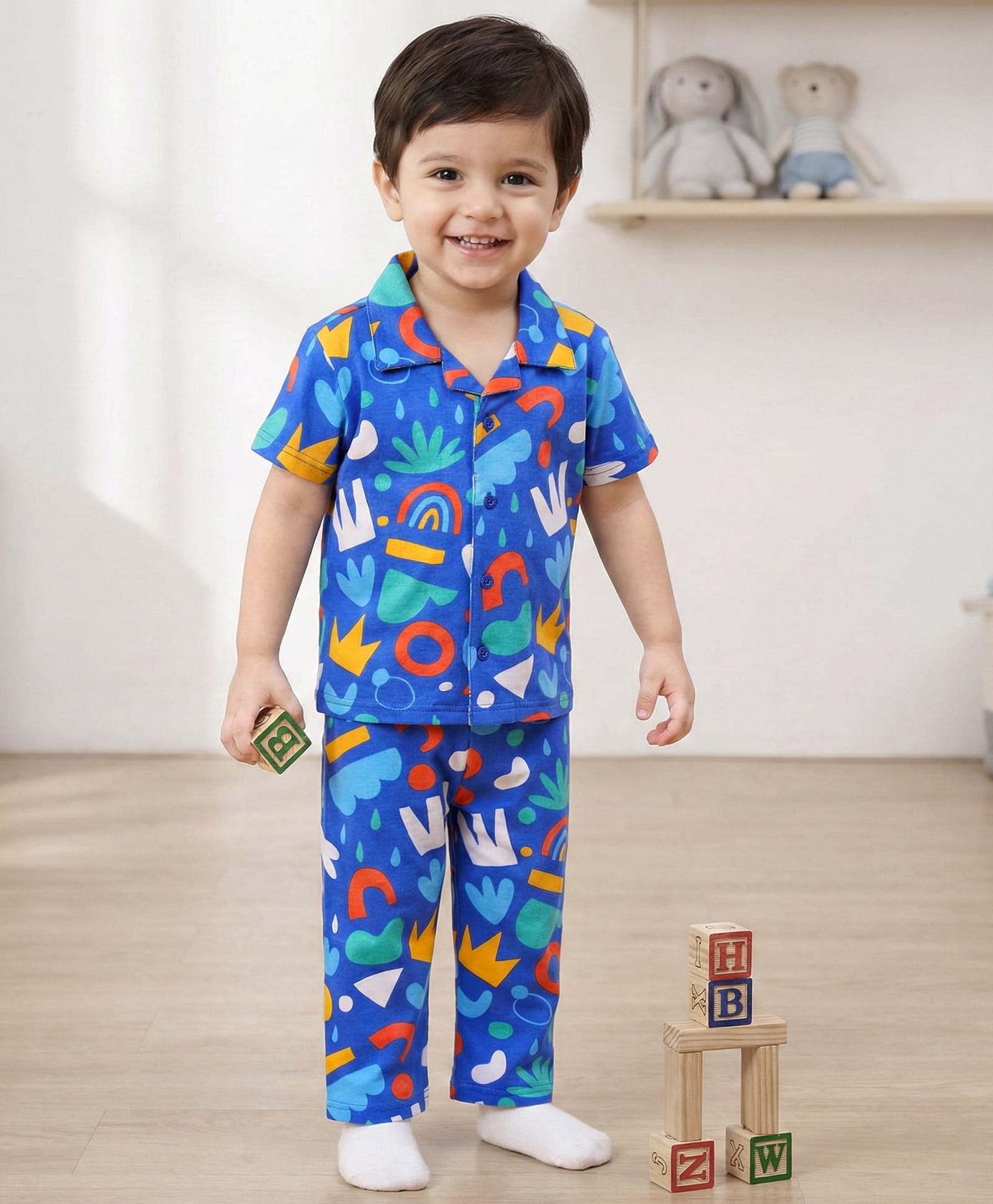 Babyhug Cotton Knit Half Sleeves Rainbow Printed Co-Ords Nightsuit - Blue-image-2