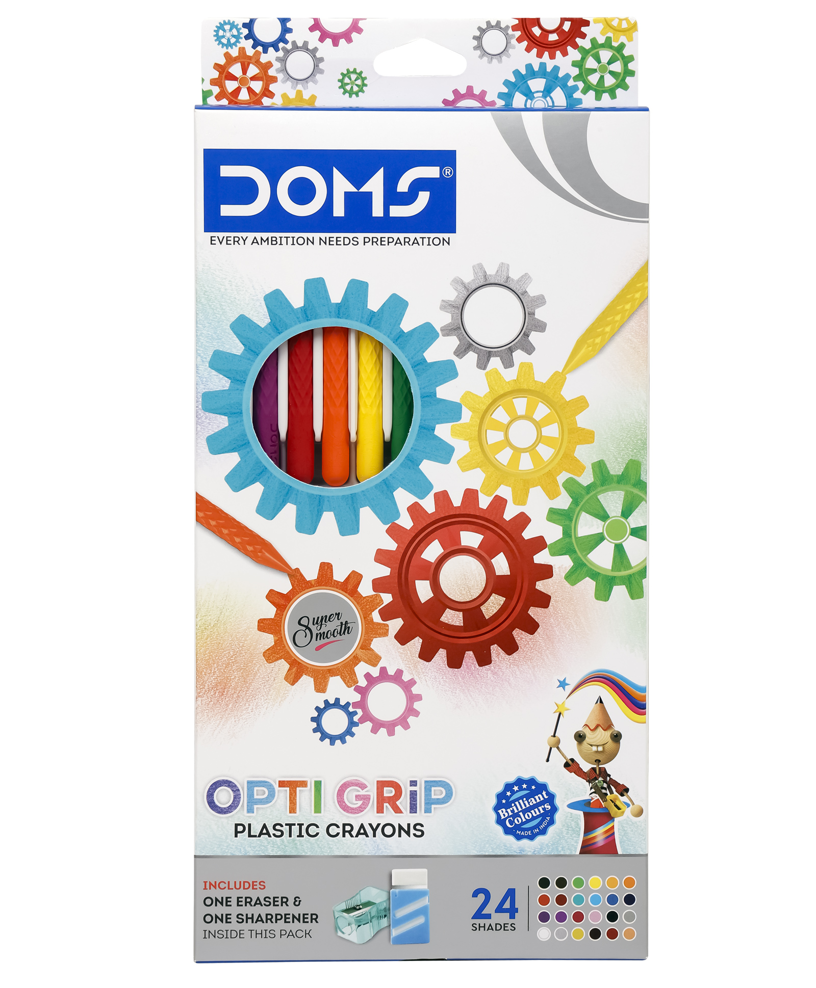 Doms Opti Grip Plastic Crayons 24 Shades with Eraser & Sharpener - Pack of 24-picture-21