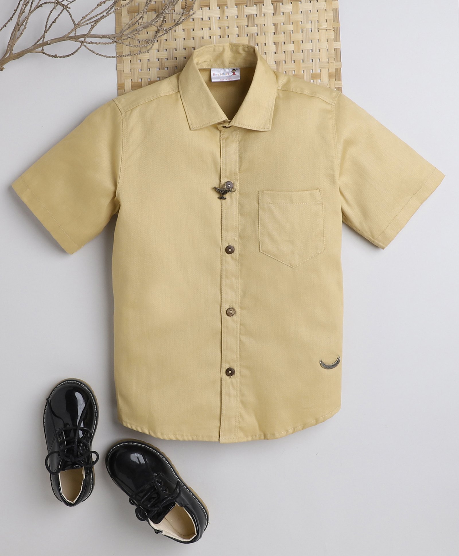 BAATCHEET Cotton Half Sleeves Solid Shirt With Brooch Set - Beige-picture-34