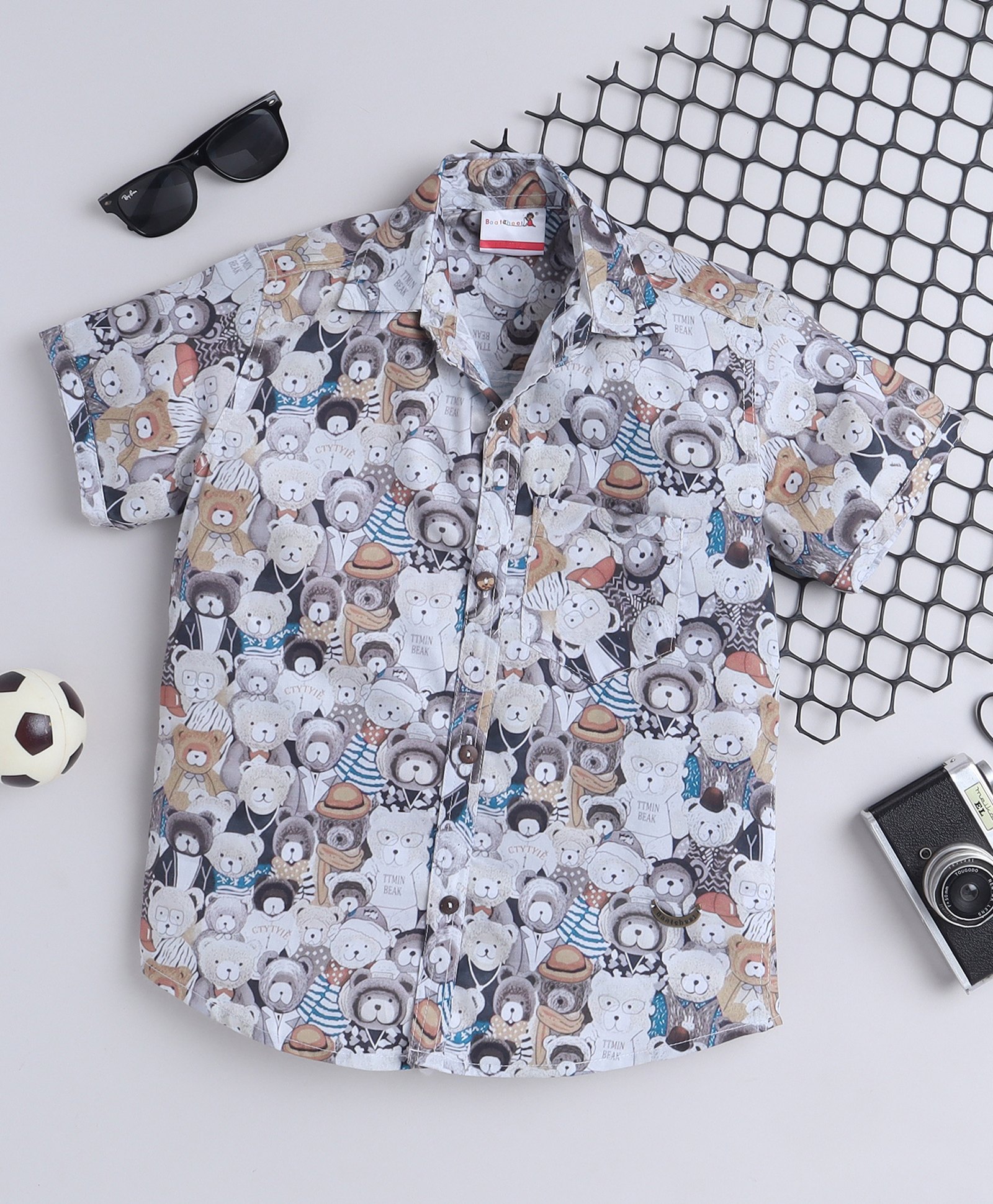 BAATCHEET Cotton Half Sleeves Teddy Bear Printed Shirt - White & Grey-picture-16