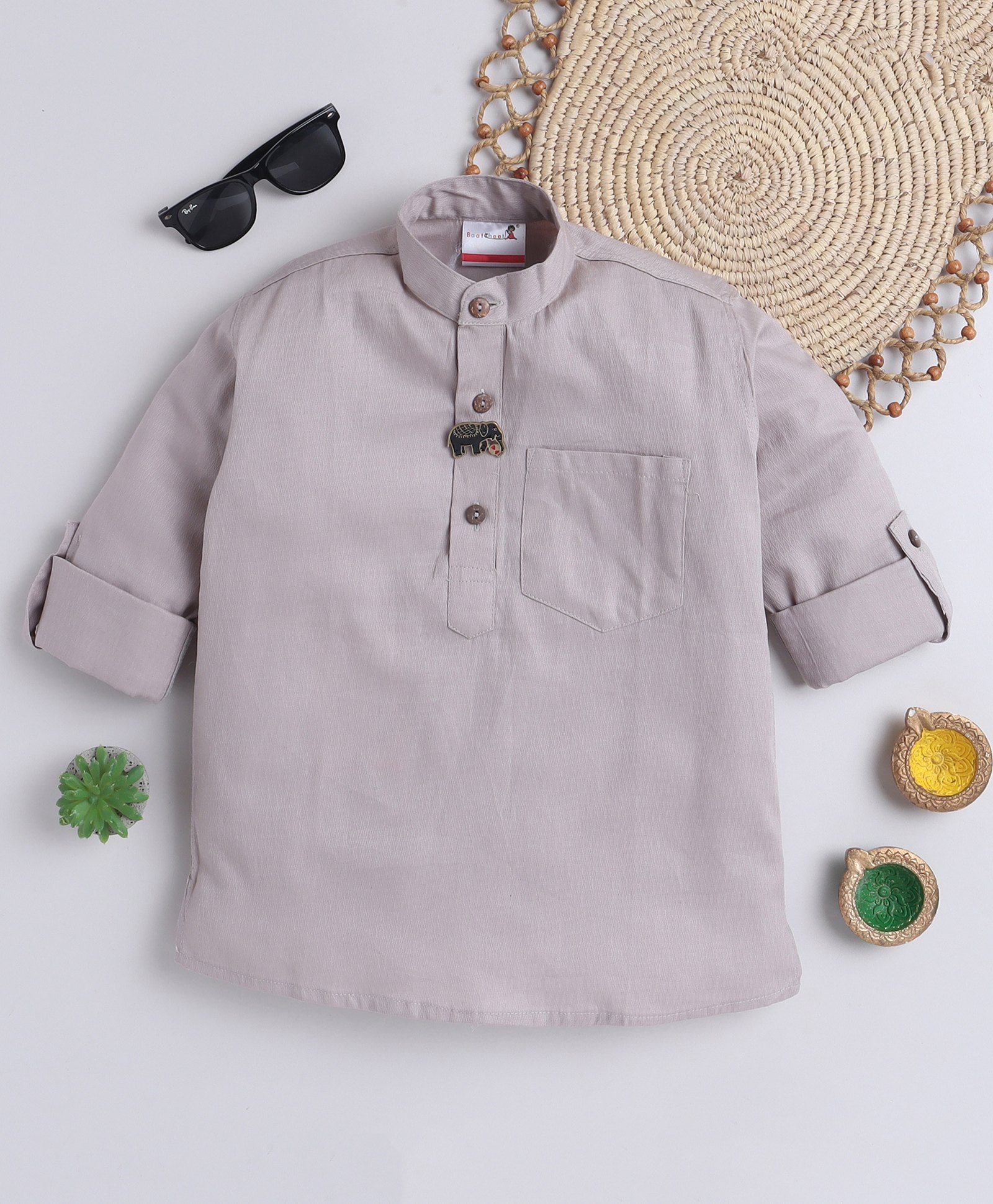BAATCHEET Cotton Full Sleeves Solid Kurta Style Shirt With Elephant Designed Brooch - Grey-picture-32
