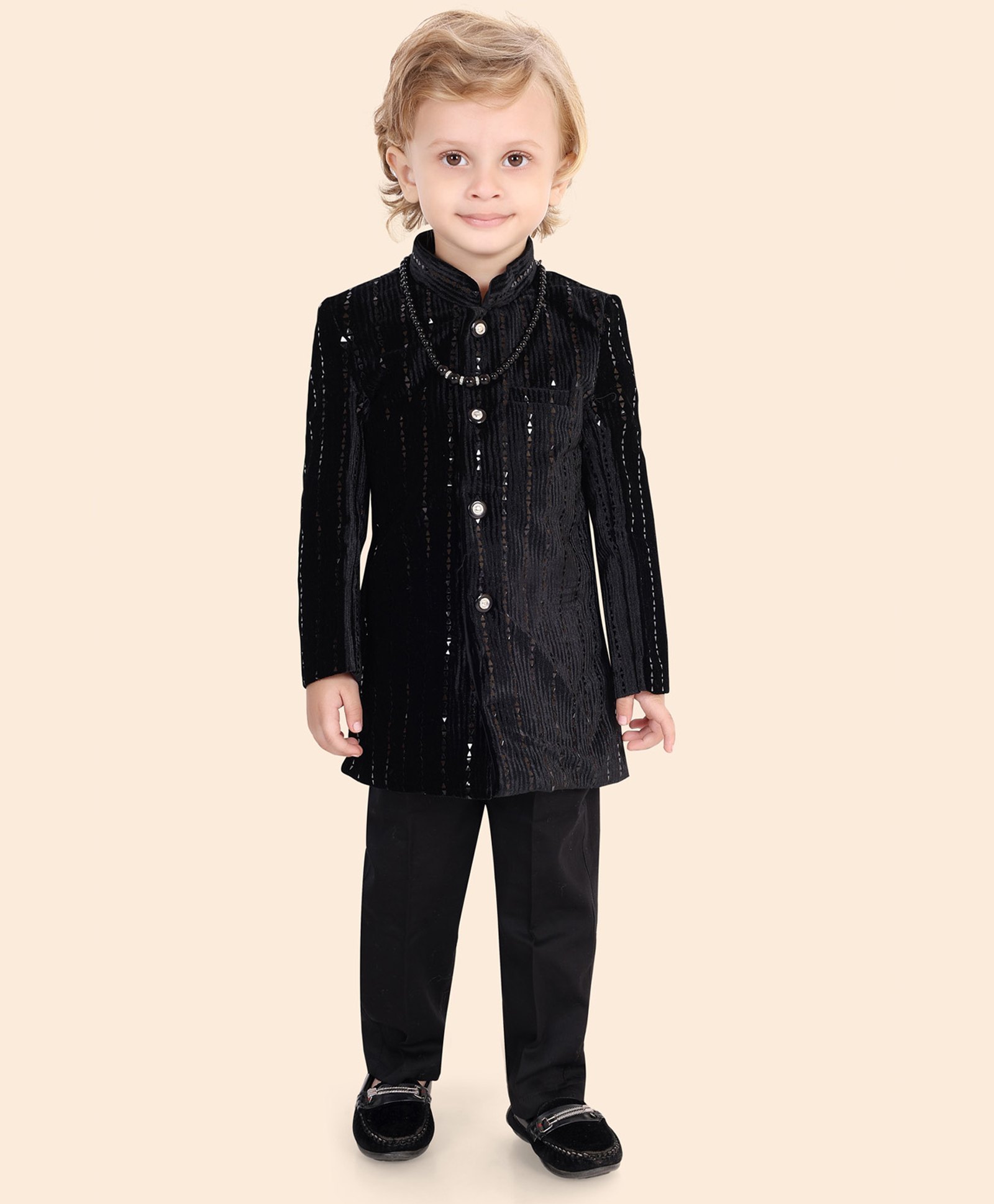 little desi Velvet Full Sleeves Mirror Work Detailed Sherwani Pyjama Set - Black-picture-20